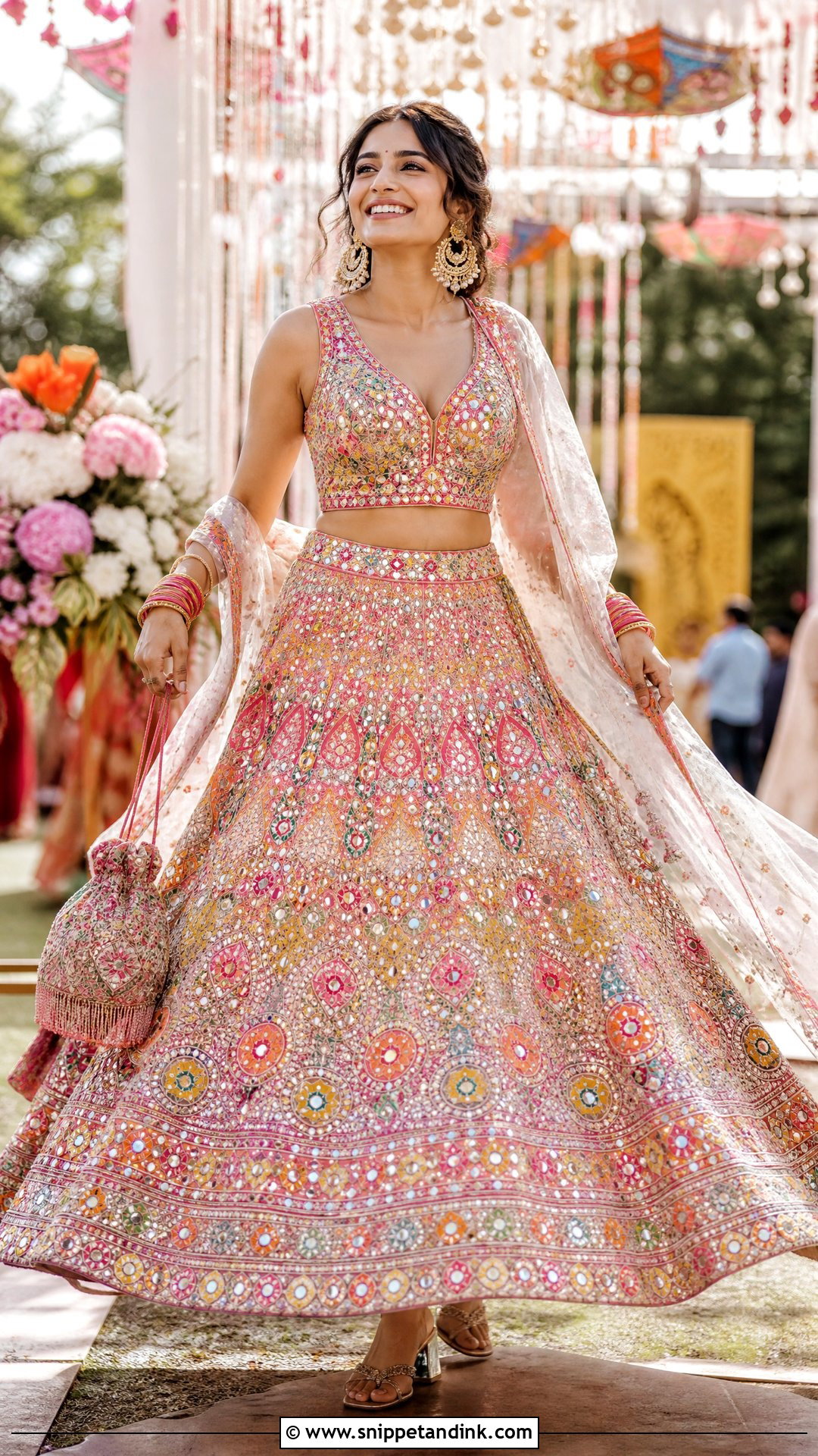 Mirror Work V Neck Bridal Blouse With Lehenga - Snippet and Ink - 20 V Neck Bridal Blouse Ideas