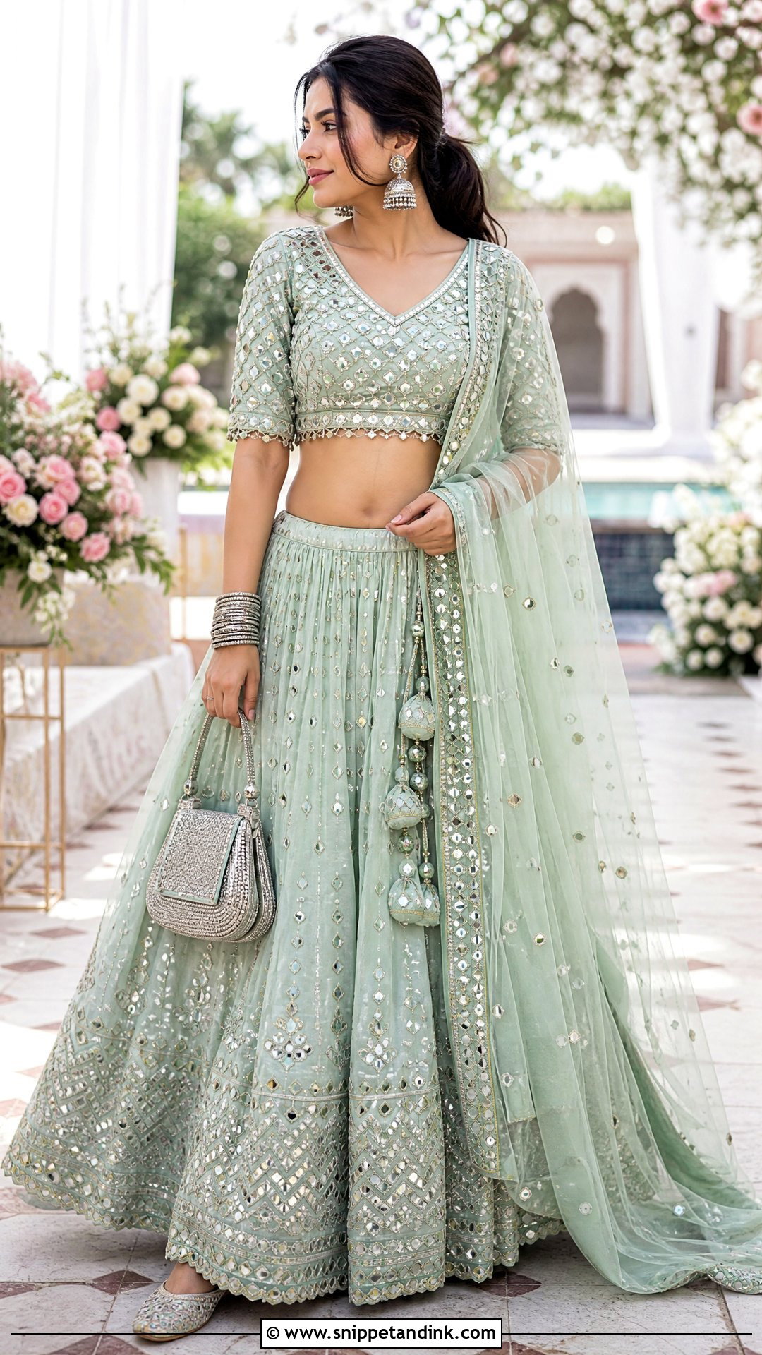Mirror Work Wedding Blouse With Pastel Lehenga - Snippet and Ink - 20 Wedding Blouses Ideas