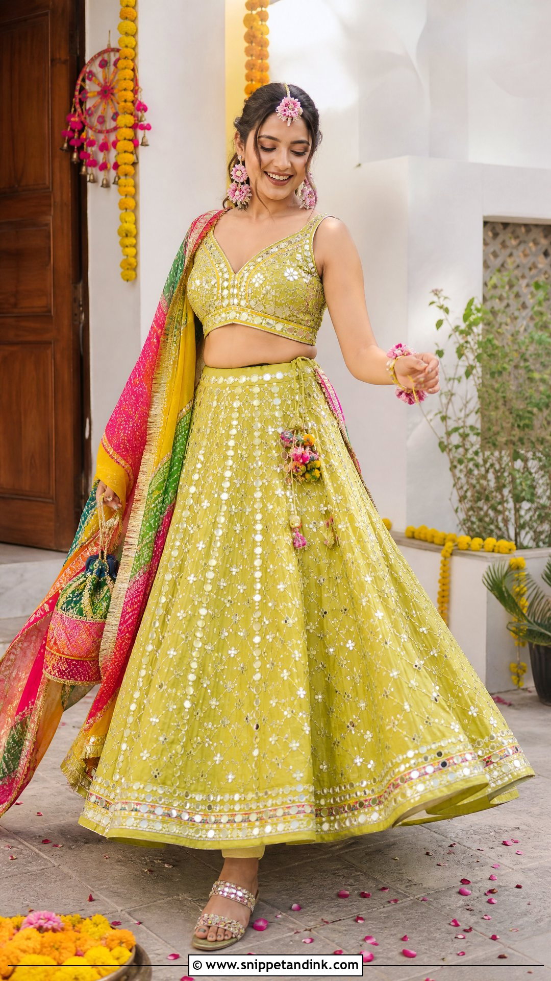 Mirror Work Wedding Chappal With Mehndi Lehenga - Snippet and Ink - 20 Wedding Chappal for Bride Ideas
