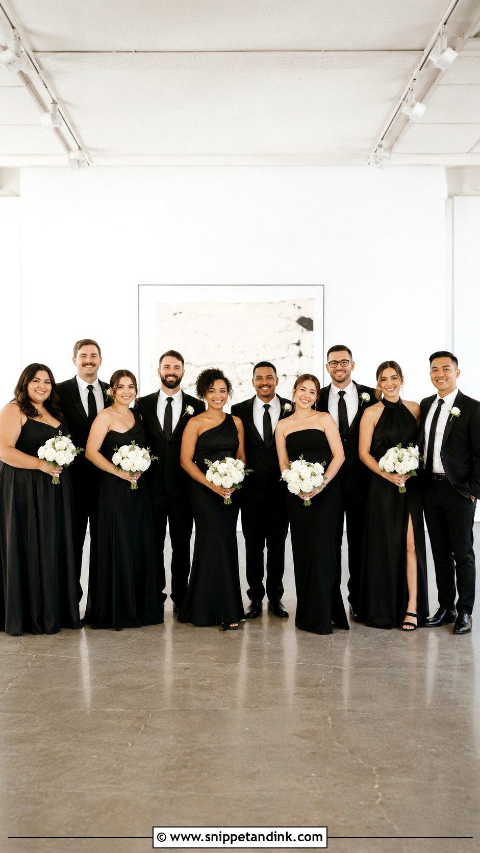 Mismatched Black Bridesmaid Dresses And Black Suits - Snippet and Ink - 20 Black and White Wedding Party Attire Ideas
