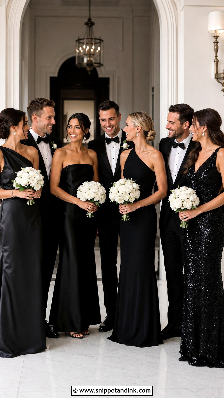 Mismatched Black Gown Black Tie Bridal Party - Snippet and Ink - 20 Black Tie Bridal Party Ideas