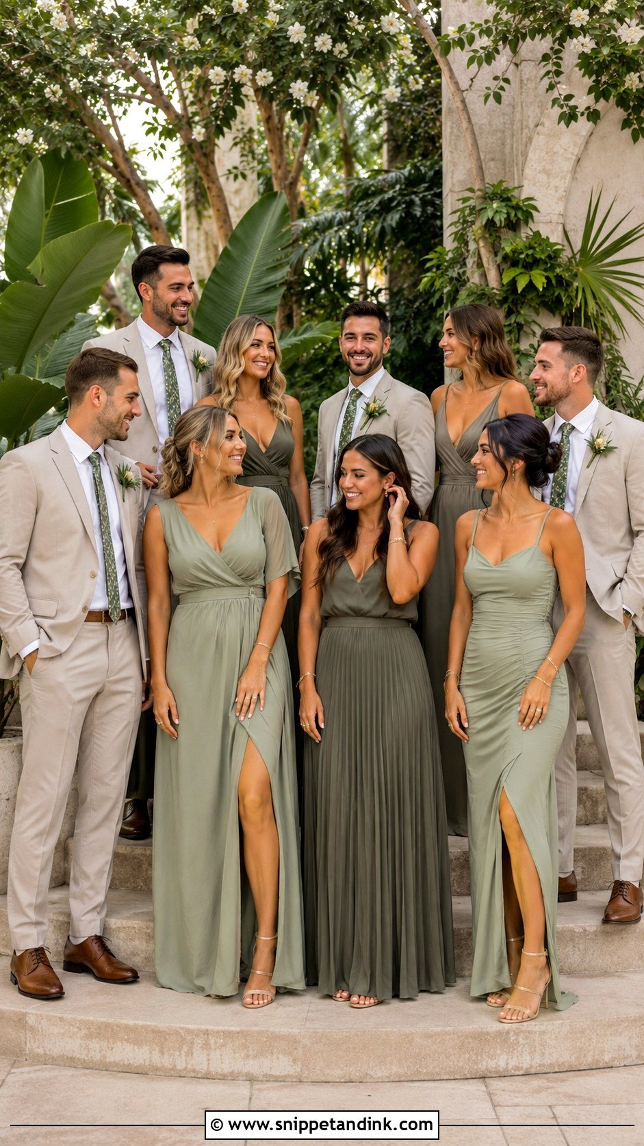 Mismatched Green Bridesmaid Dresses With Neutral Suits - Snippet and Ink - 20 Green Wedding Party Attire Ideas