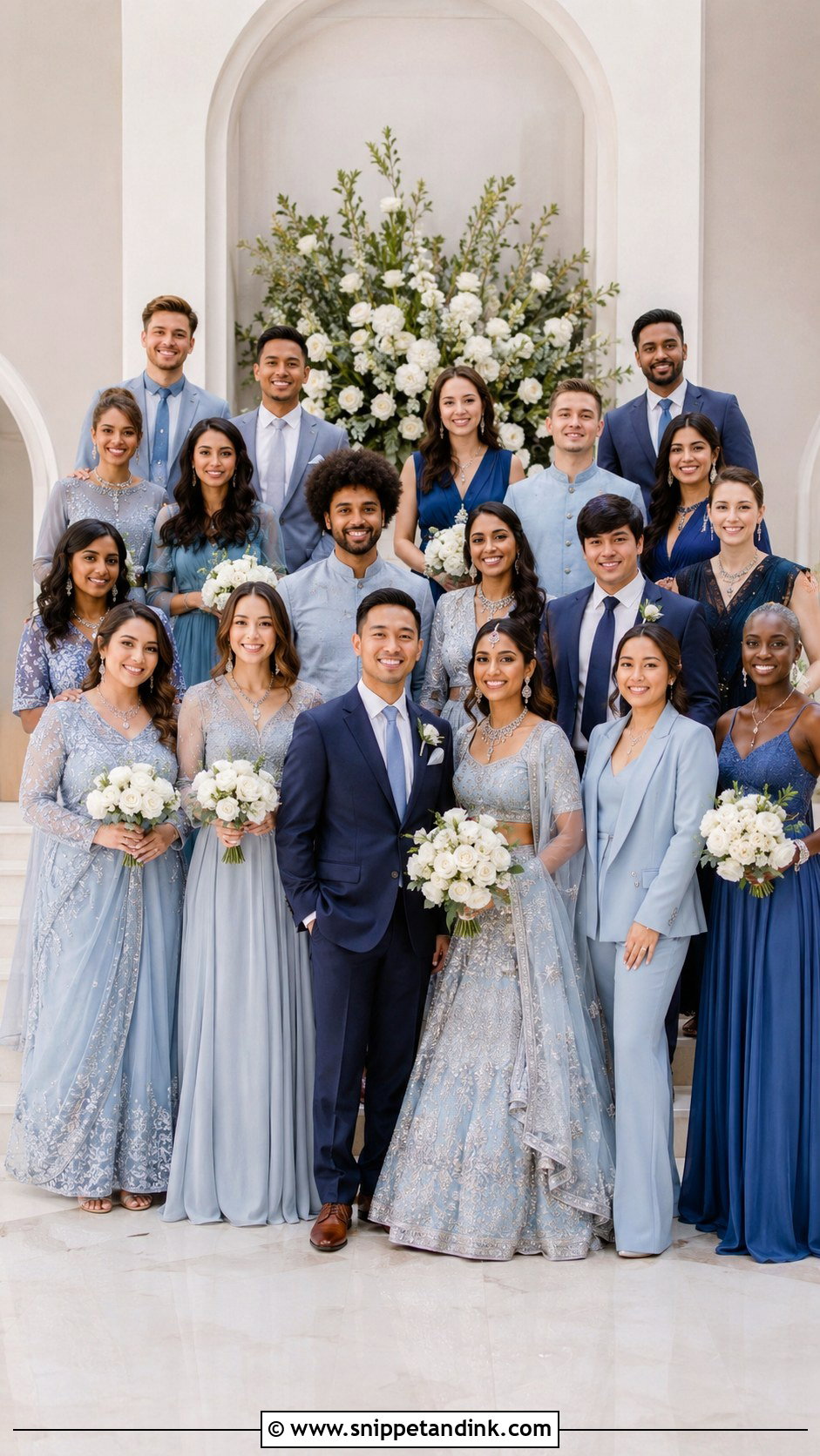 Mixed Blue Wedding Party Outfits With Neutral Accessories - Snippet and Ink - 20 Blue Wedding Party Attire Ideas