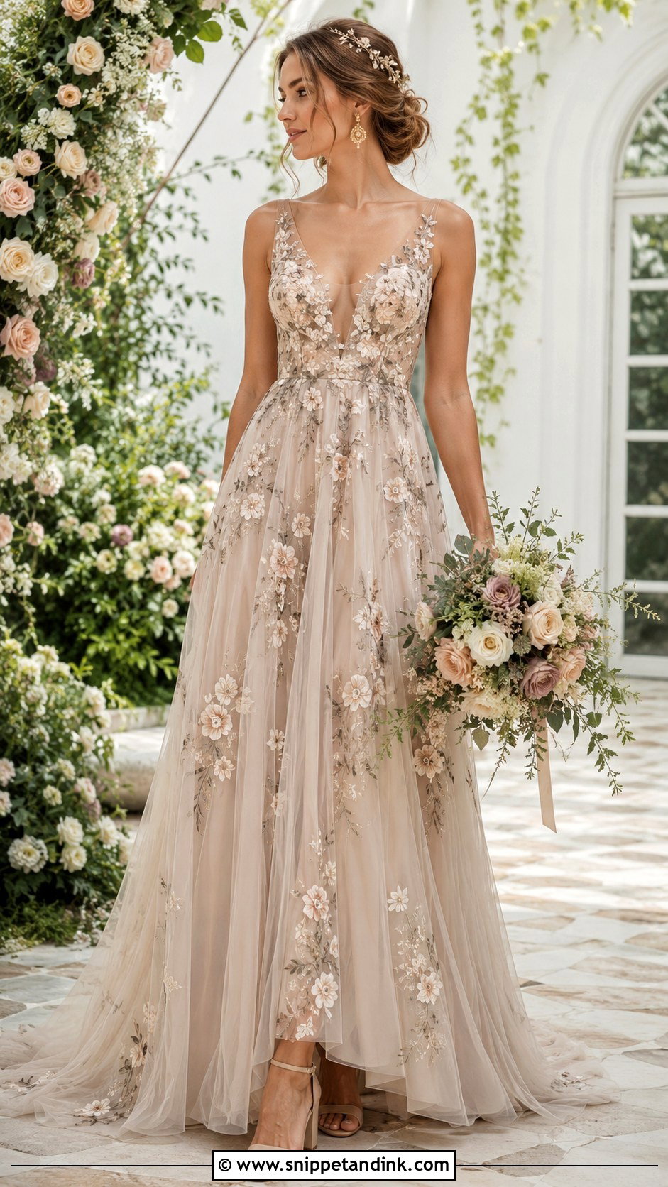 Mocha Floral Embroidered Wedding Dress - Snippet and Ink - 20 Mocha Wedding Dress Ideas