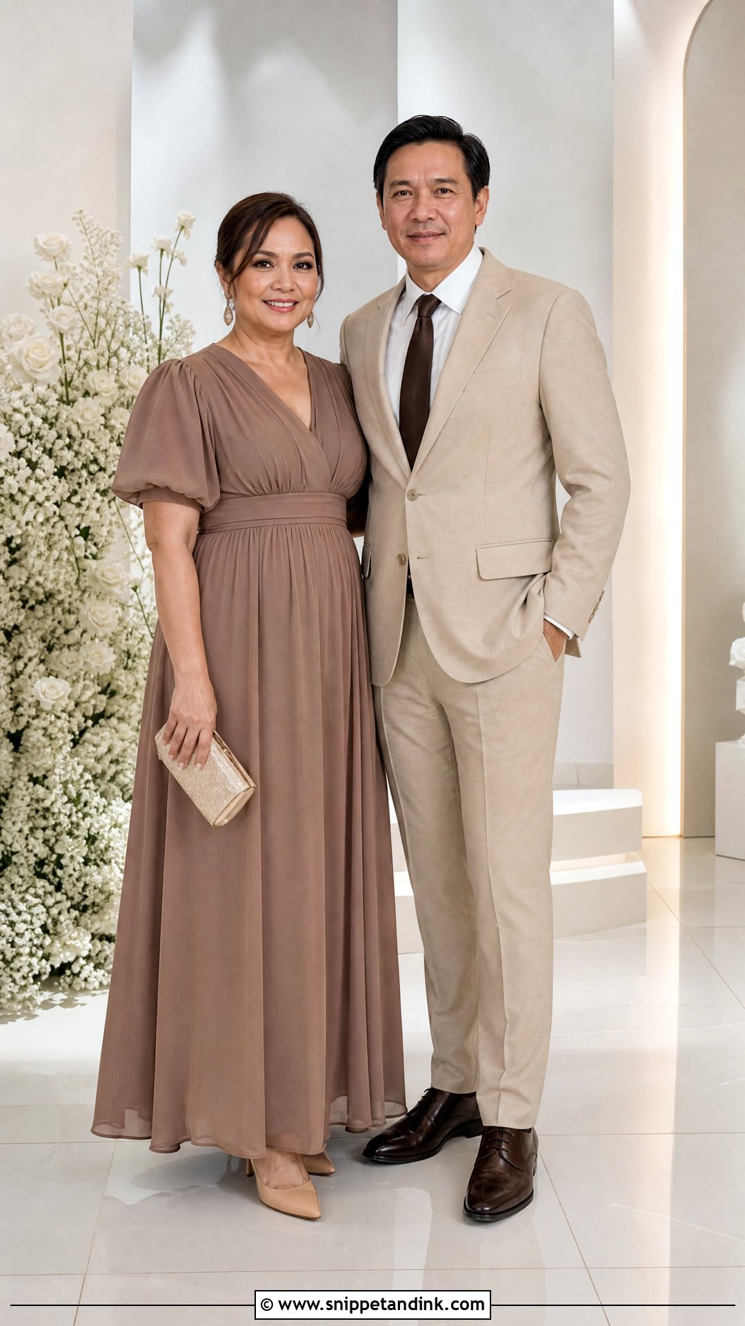 Mocha Gown and Beige Suit - Snippet and Ink - 20 Principal Sponsors Wedding Attire Ideas
