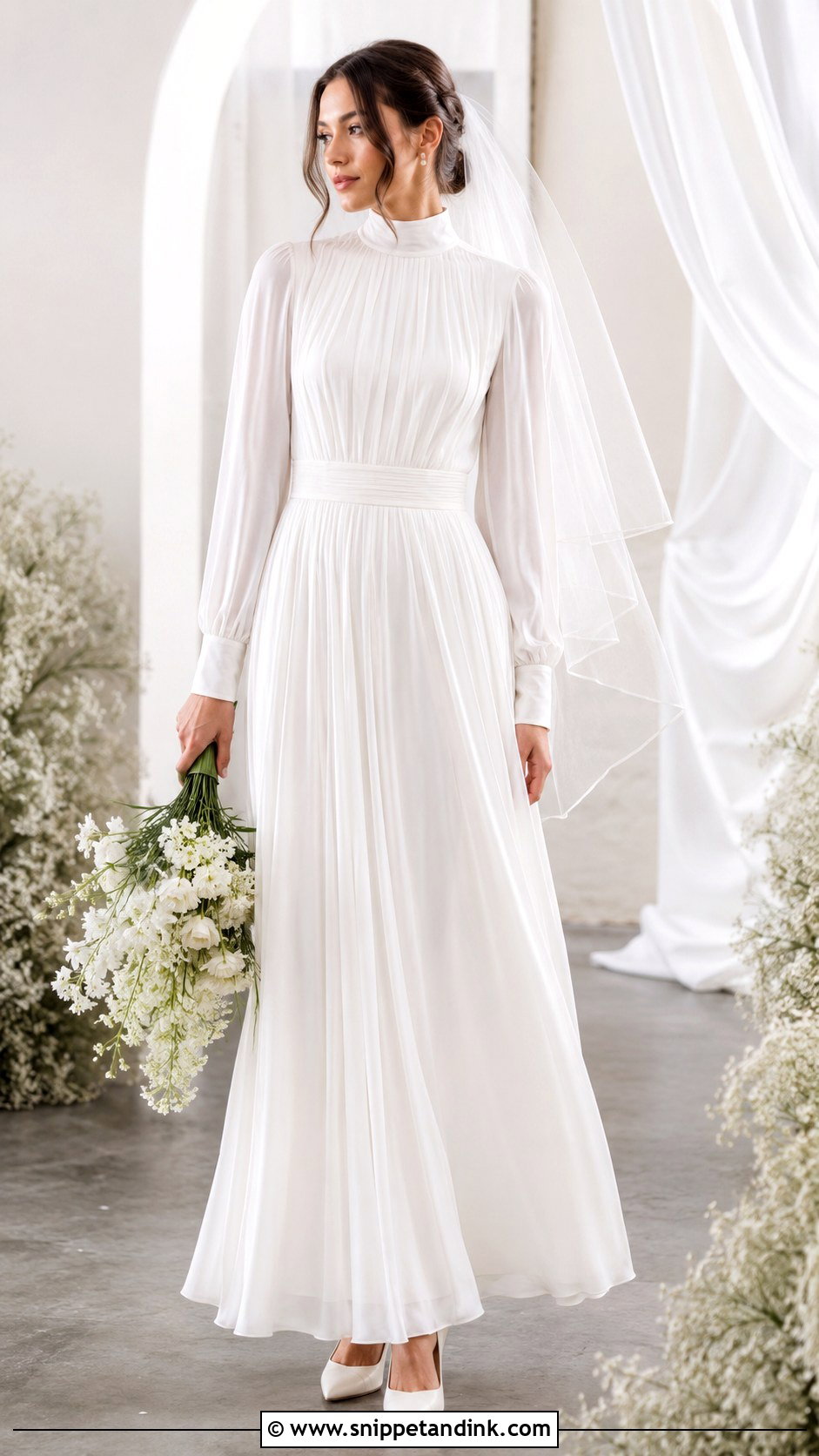 Mock Neck Chiffon Wedding Dress With Pleated Skirt - Snippet and Ink - 20 Modest Simple Wedding Dress Ideas