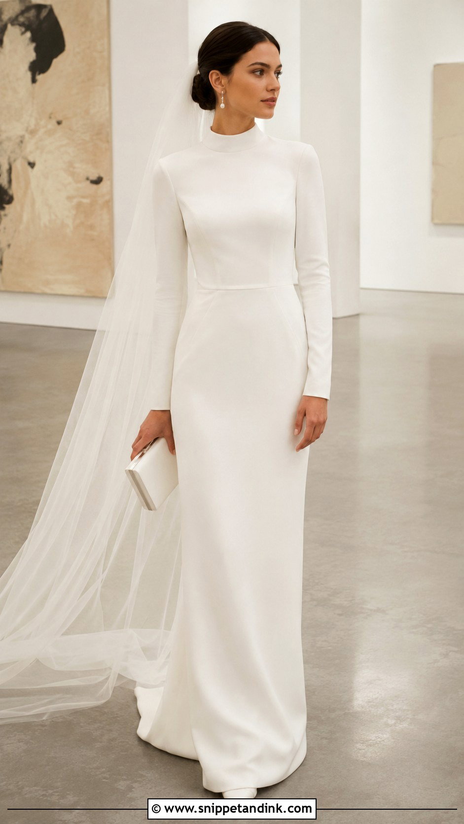 Mock Neck Crepe Sheath Wedding Dress - Snippet and Ink - 20 Modest Long Sleeve Wedding Dresses