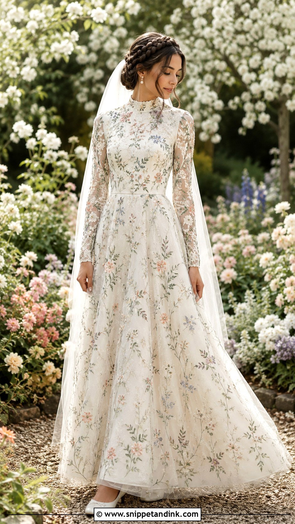 Mock Neck Floral Boho Modest Wedding Dress - Snippet and Ink - 20 Boho Modest Wedding Dress Ideas