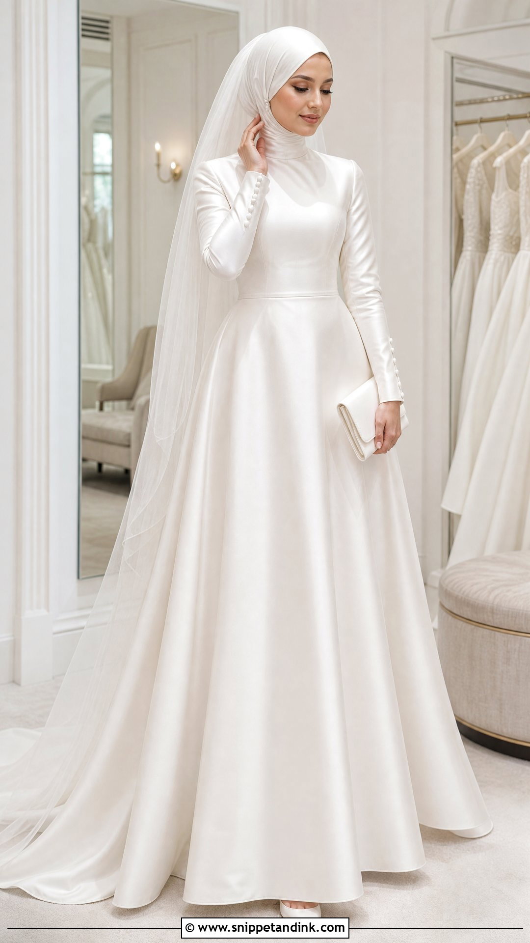 Mock Neck Satin Hijabi Wedding Dress - Snippet and Ink - 25 Simple Hijabi Wedding Dress Ideas