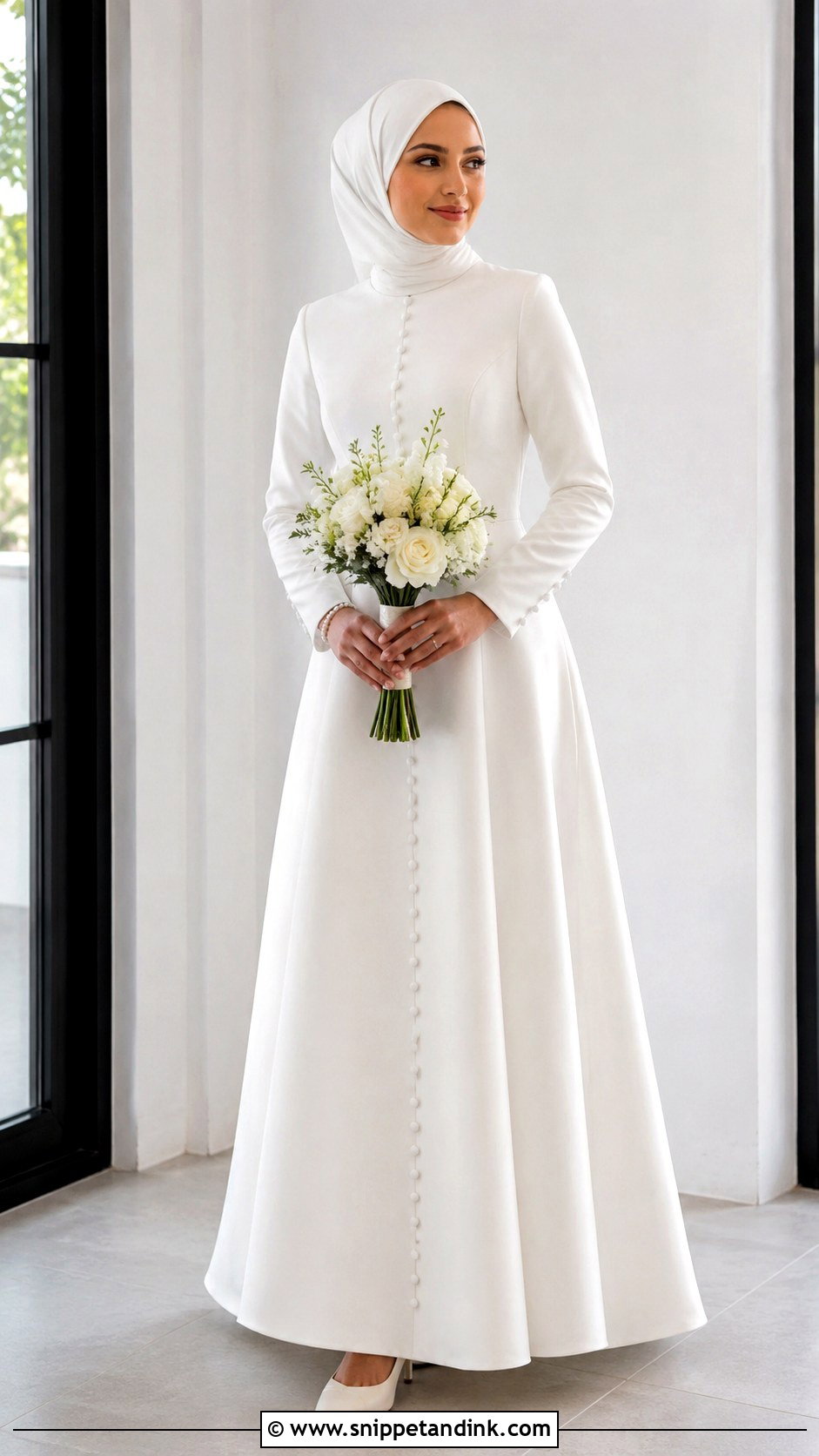 Modern Button Front Hijab Wedding Dress - Snippet and Ink - 25 Simple Hijab Wedding Dresses