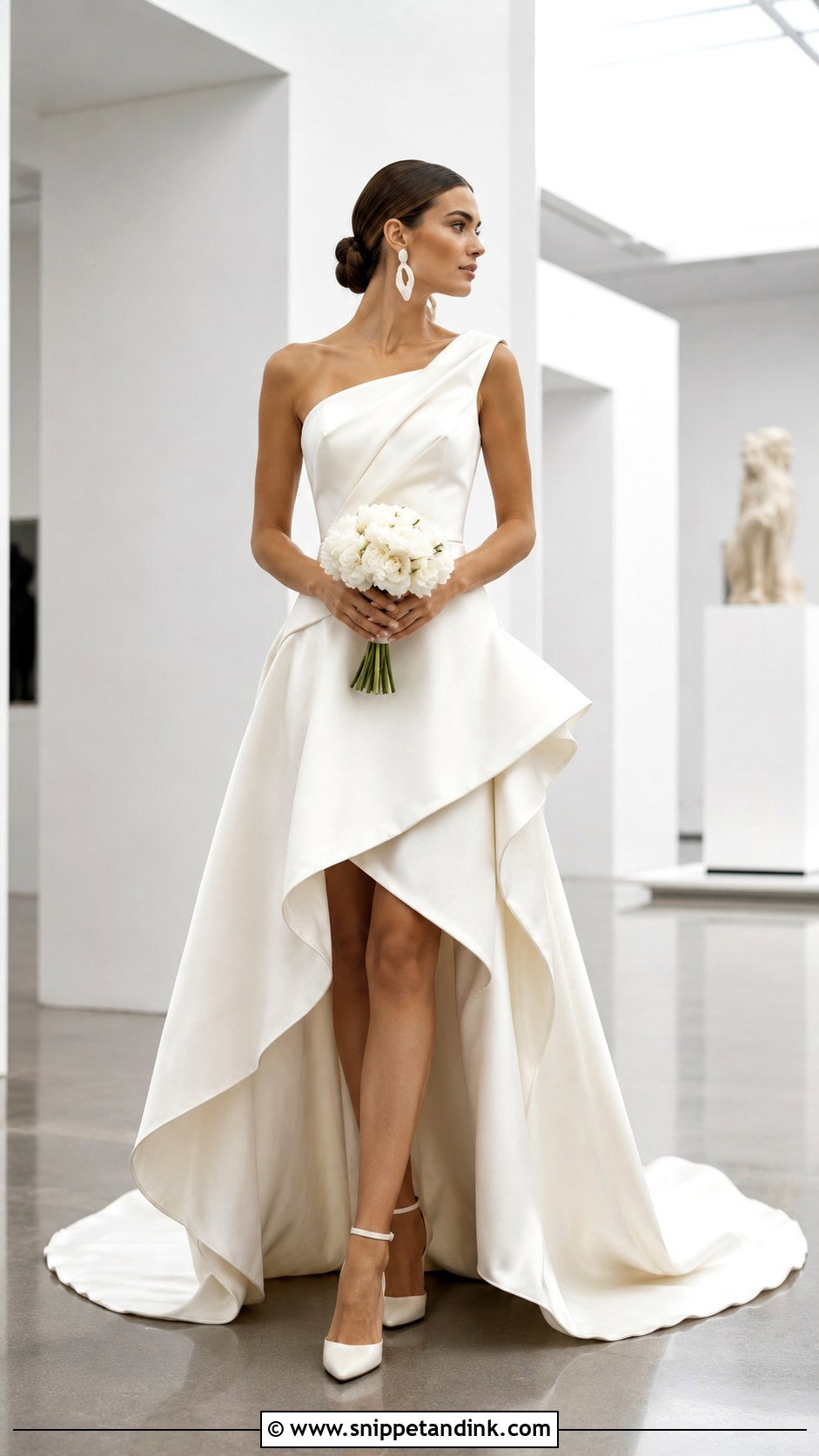 Modern High Low Wedding Dress With Sculptural Earrings - Snippet and Ink - 25 High Low Wedding Dress Ideas