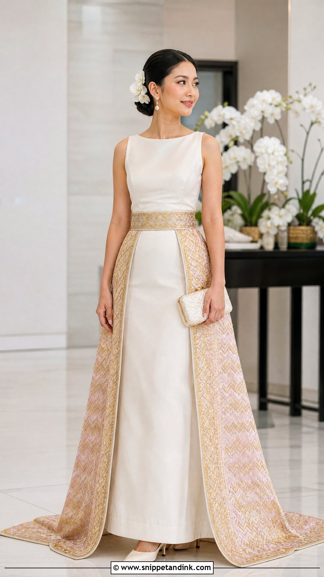 Modern Ivory Gown With Acheik Panel - Snippet and Ink - 20 Myanmar Wedding Dresses
