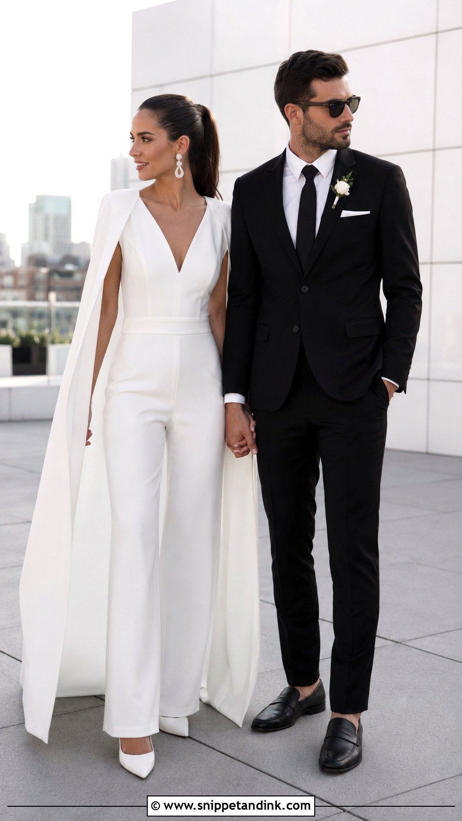 Modern Jumpsuit Bridal Couple Outfit - Snippet and Ink - 20 Bridal Couple Ideas