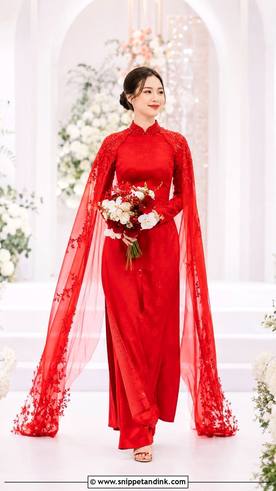 Modern Red Ao Dai With Cape - Snippet and Ink - 25 Wedding Ao Dai Ideas