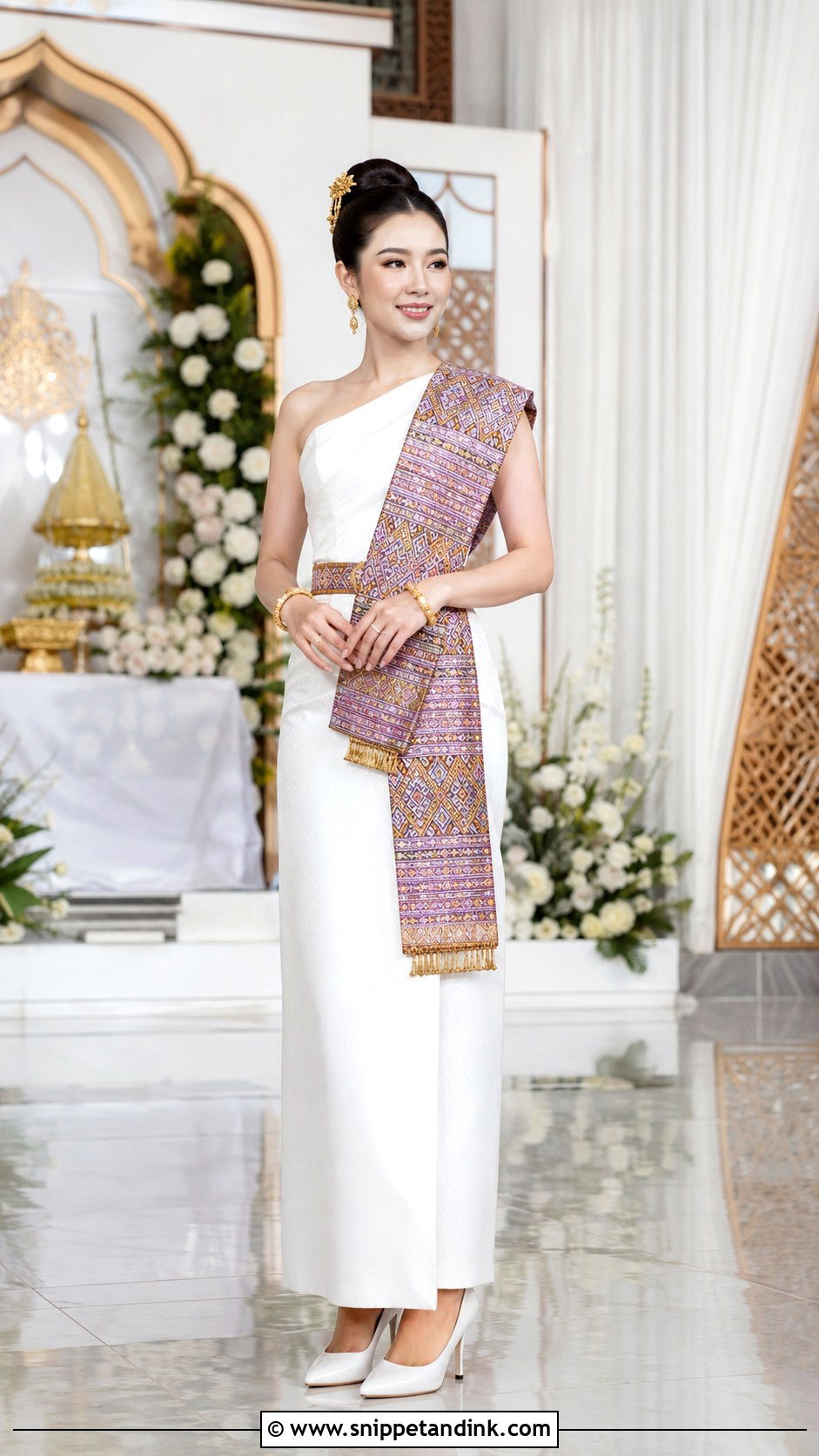 Modern White Gown With Lao Silk Pha Biang - Snippet and Ink - 20 Lao Wedding Dress Ideas