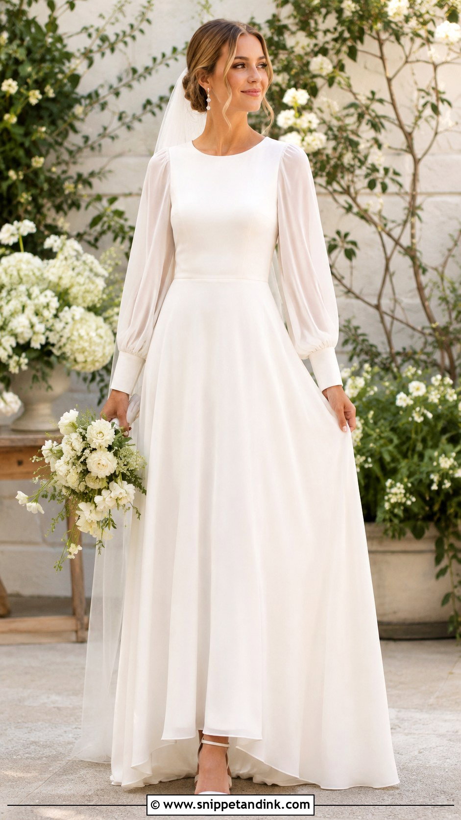 Modest A Line Wedding Dress With Bishop Sleeves - Snippet and Ink - 20 Closed Wedding Dress Ideas