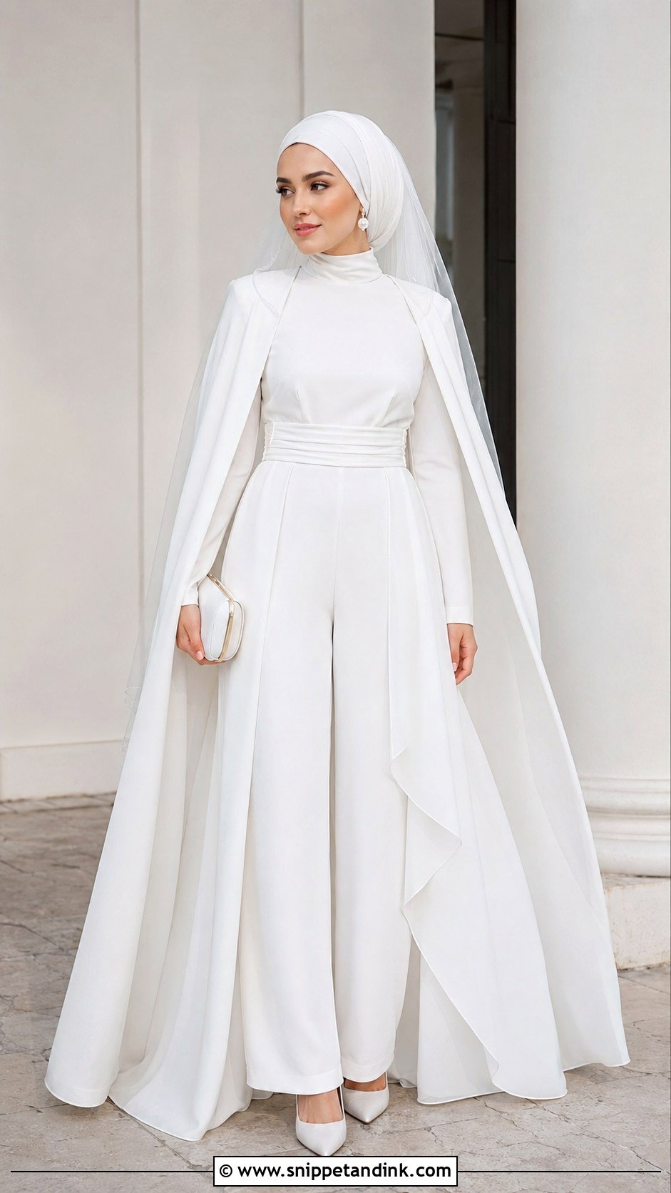 Modest Bridal Jumpsuit With Cape Hijab - Snippet and Ink - 20 Bridal with Hijab Ideas