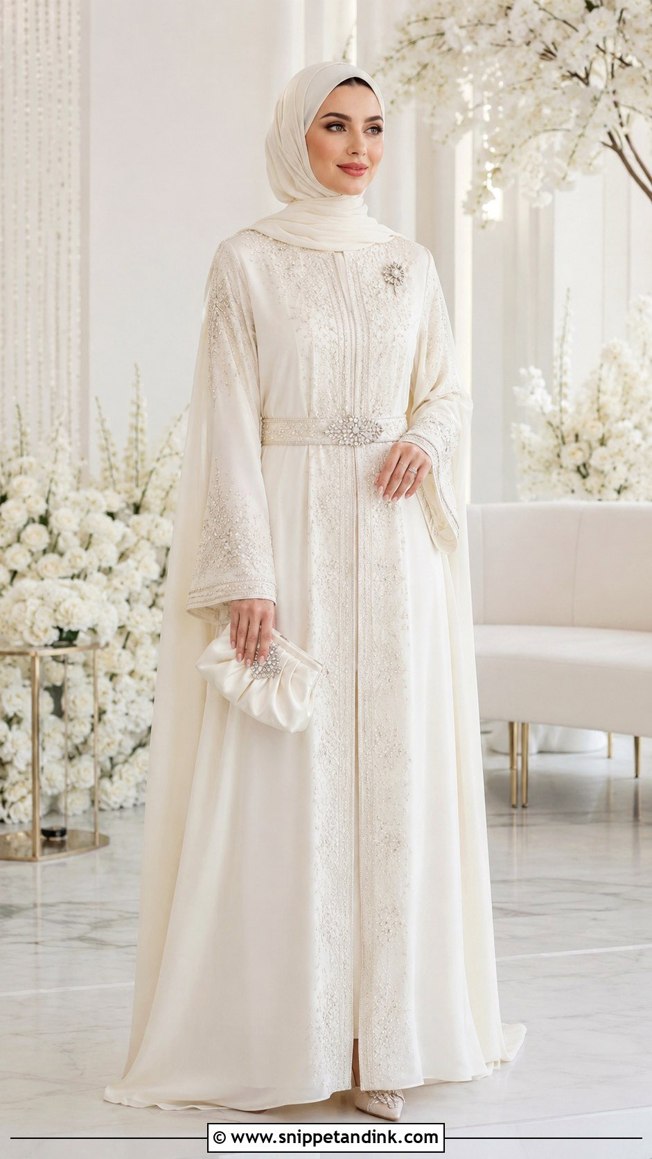 Modest Bridal Kaftan With Matching Hijab - Snippet and Ink - 20 Bridal Kaftan Ideas