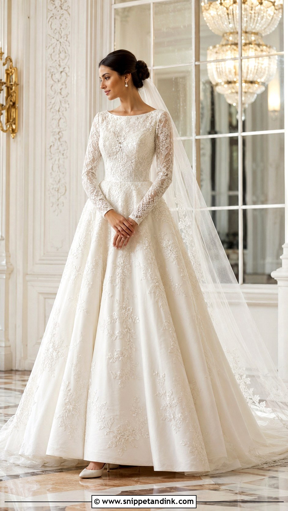 Modest Embroidered Ball Gown With Long Sleeves - Snippet and Ink - 20 Embroidered Wedding Gown Ideas