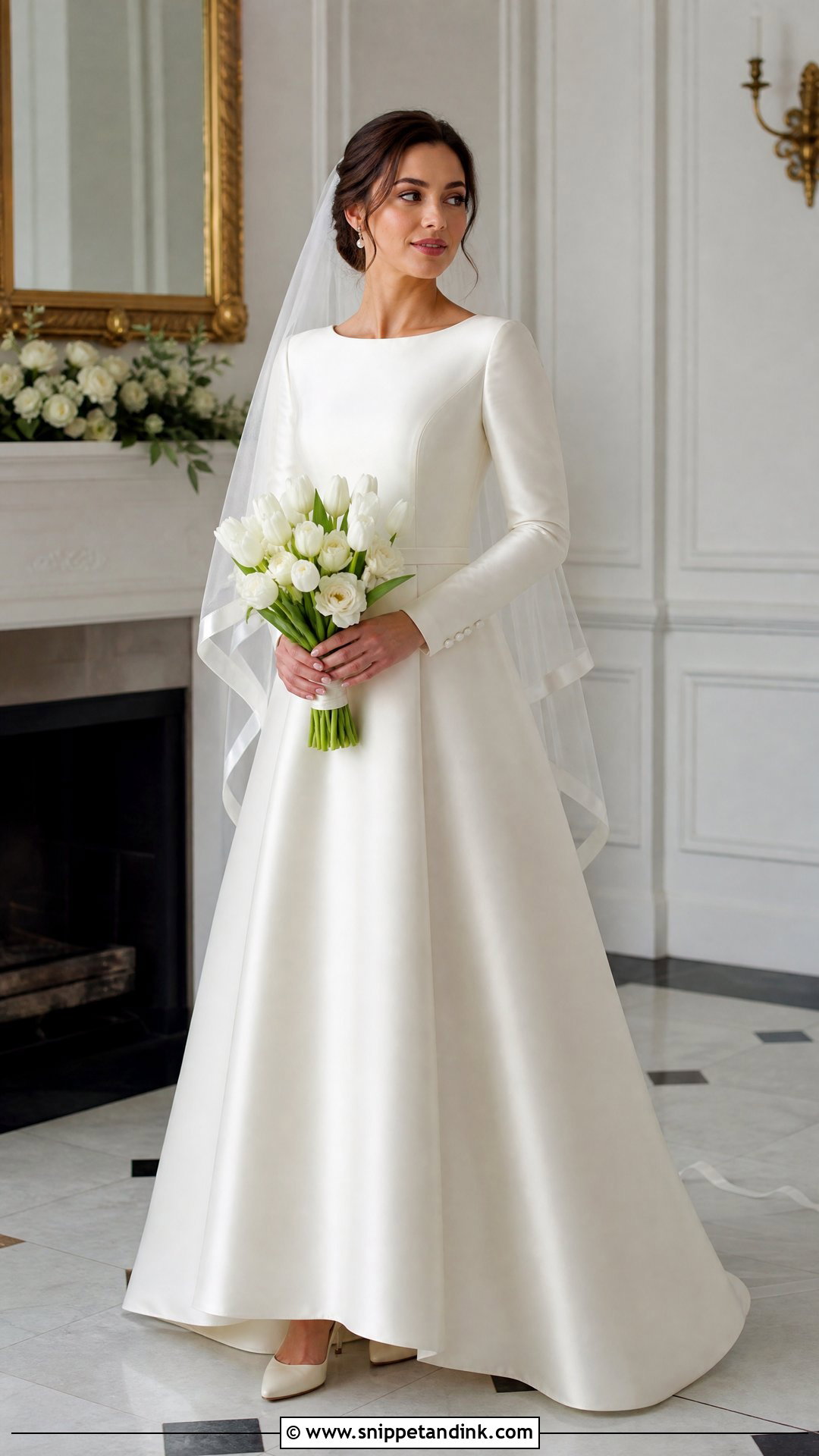 Modest Full Sleeve Wedding Dress With Satin Veil - Snippet and Ink - 20 Simple Traditional Wedding Dress Ideas