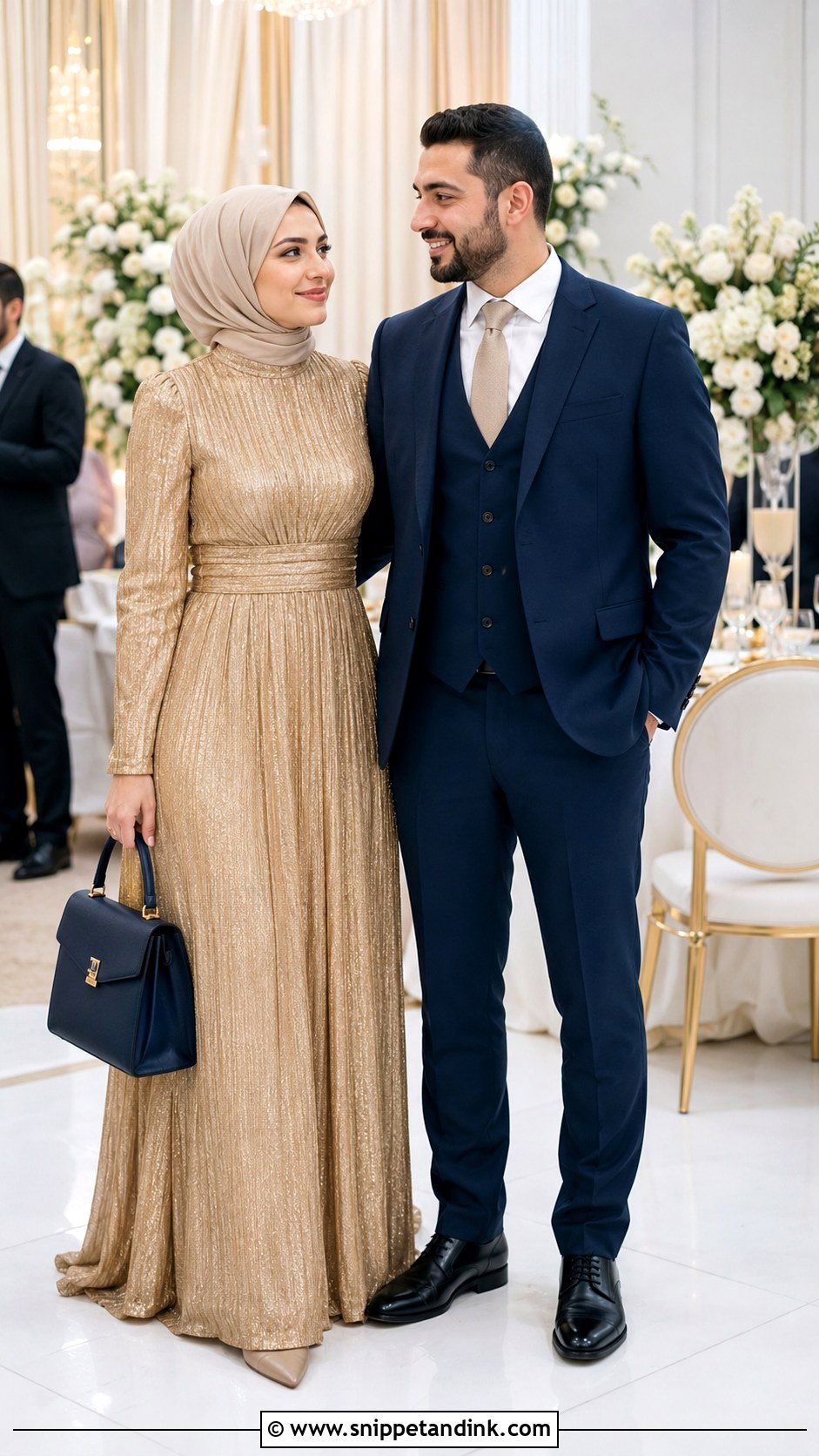 Modest Gold Maxi Dress And Navy Three Piece Suit - Snippet and Ink - 20 Gold Dress and Suit Couple Ideas