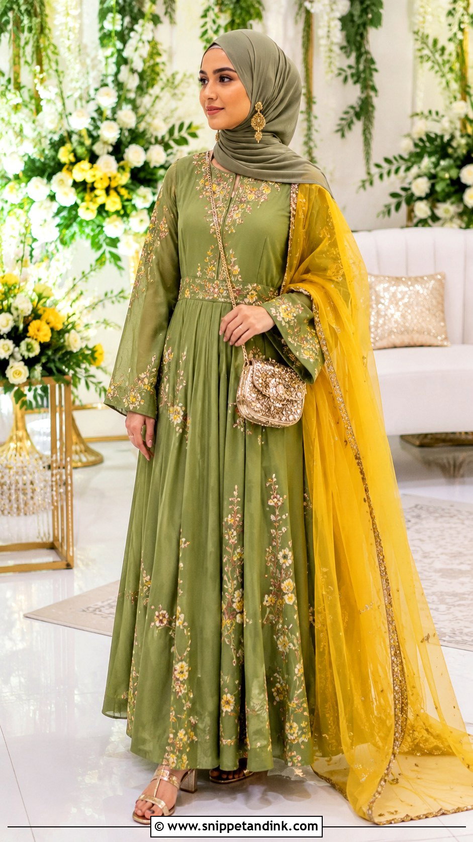 Modest Green Gown With Dupatta For Mehndi Night - Snippet and Ink - 20 Mehndi Night Outfit Ideas
