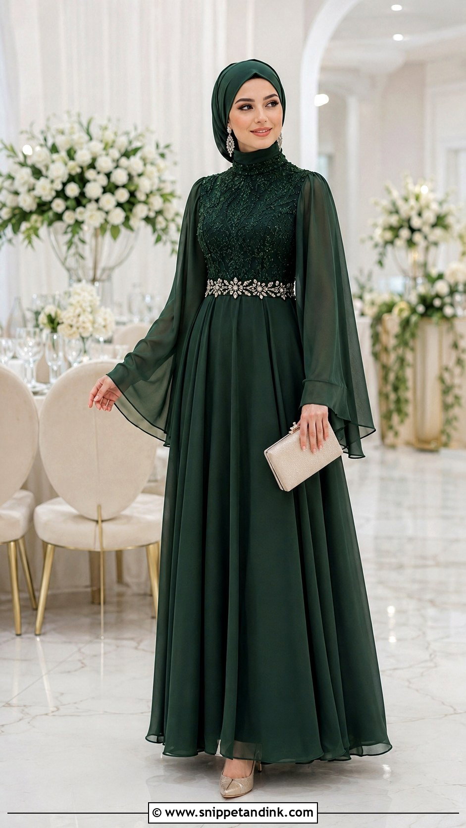 Modest High Neck Bell Sleeve Gown - Snippet and Ink - 20 Bell Sleeve Gown Ideas