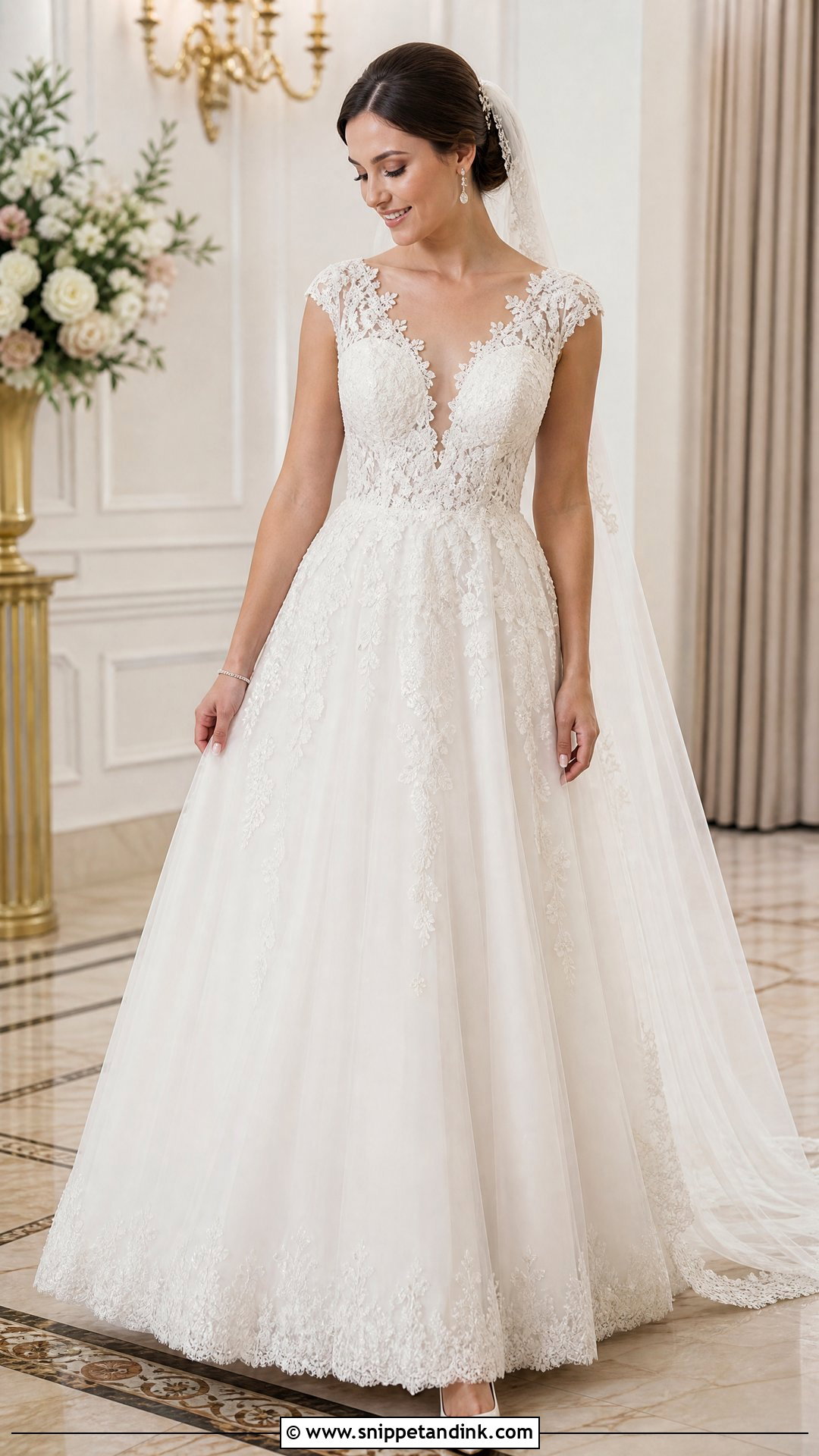 Modest Illusion Plunge Neck Wedding Dress - Snippet and Ink - 20 Plunge Neck Wedding Dress Ideas