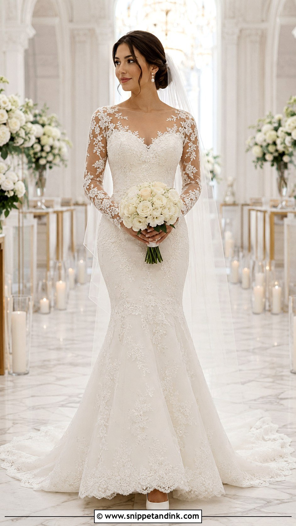 Modest Illusion Sleeve Fish Tail Wedding Dress - Snippet and Ink - 20 Fish Tail Wedding Dress Ideas