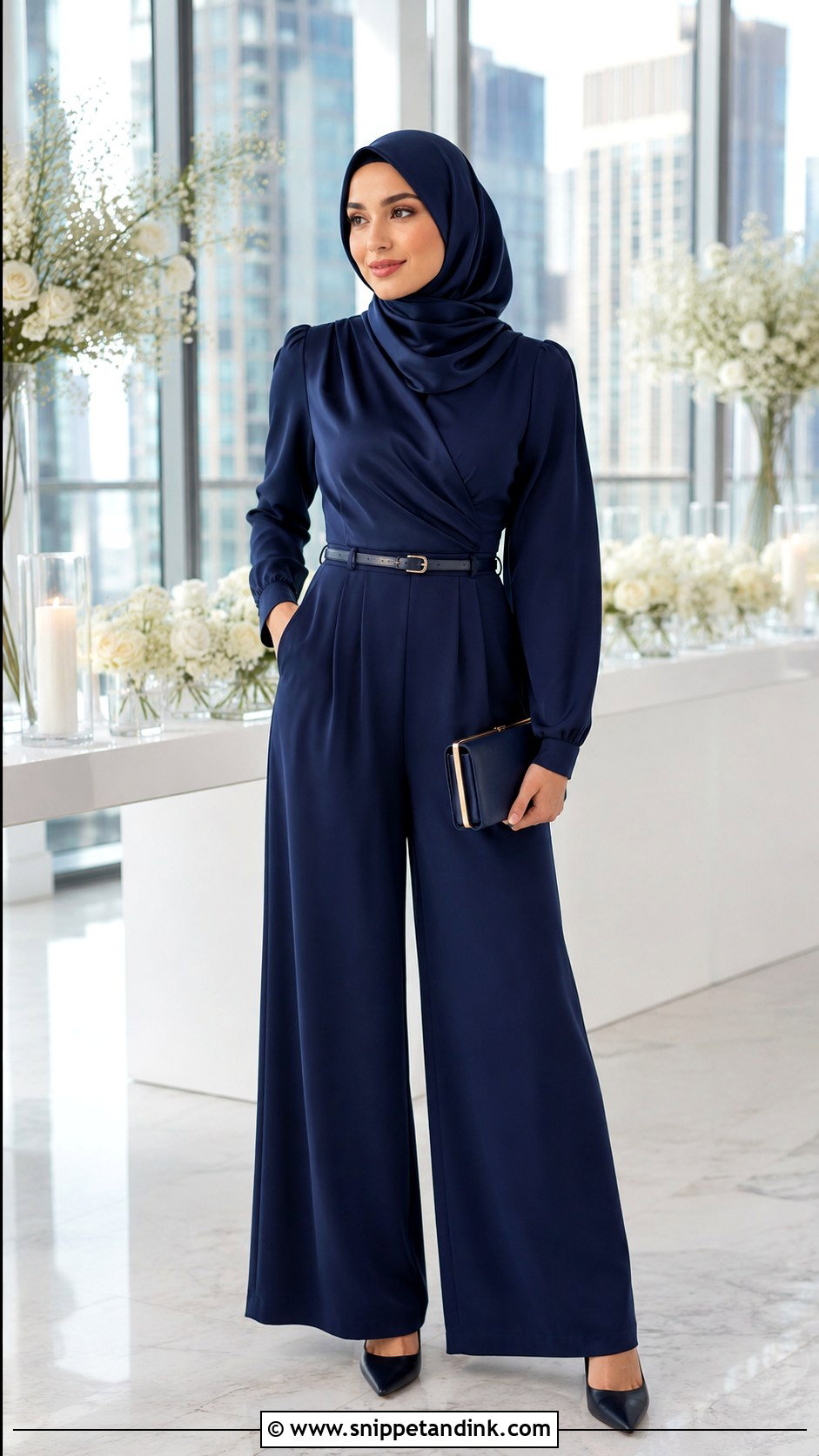 Modest Jumpsuit With Satin Hijab - Snippet and Ink - 30 Hijab Style for Wedding Ideas