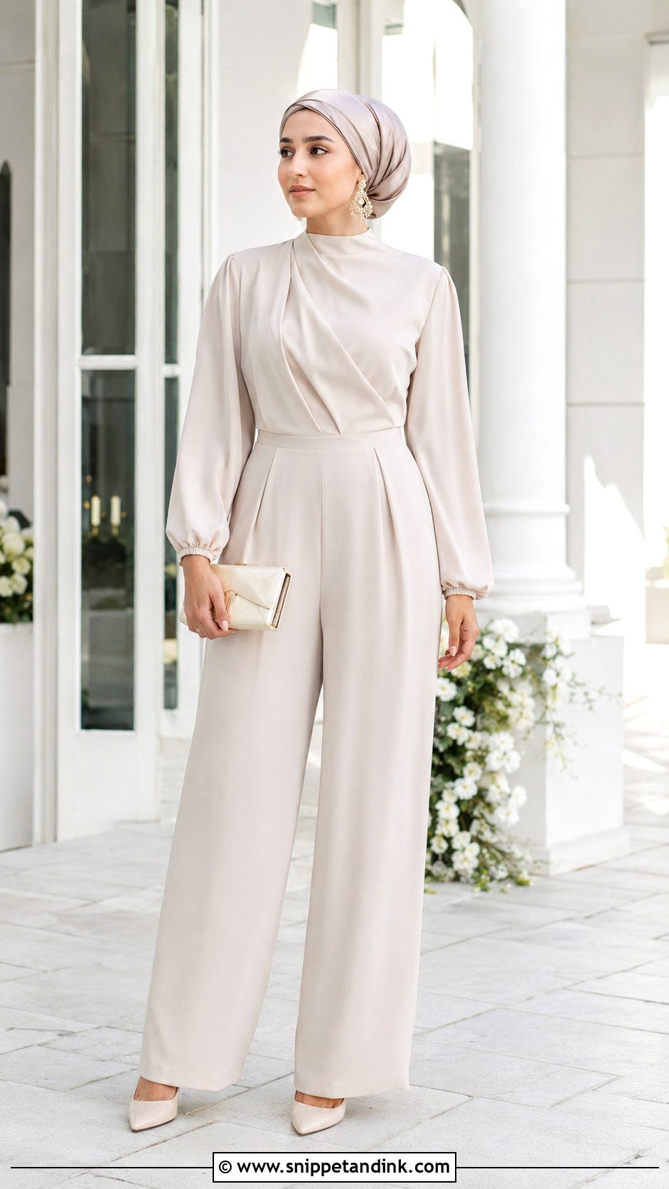 Modest Jumpsuit With Turban Hijab - Snippet and Ink - 30 Wedding Hijab Styles