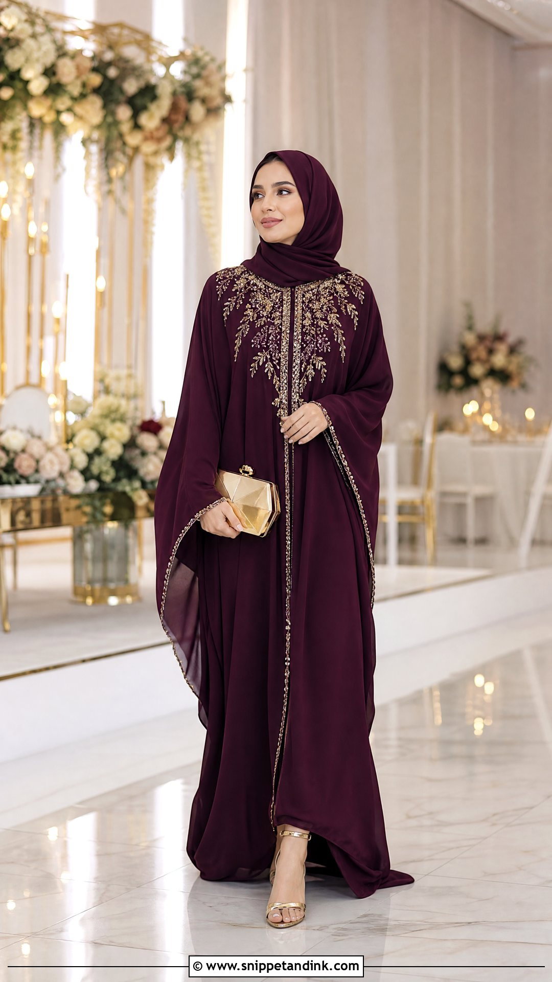 Modest Kaftan Dress With Metallic Heels - Snippet and Ink - 25 Dresses to Wear to a Wedding Hijab
