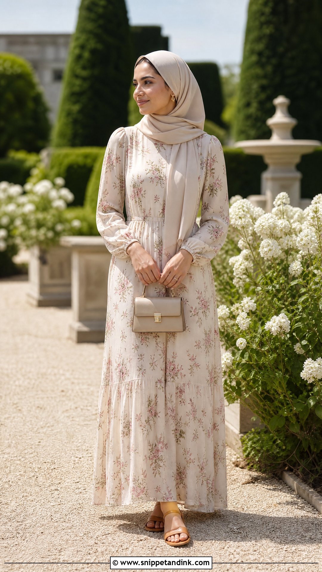 Modest Long Sleeve Maxi Dress With Sandals - Snippet and Ink - 20 Summer Garden Party Dress Ideas
