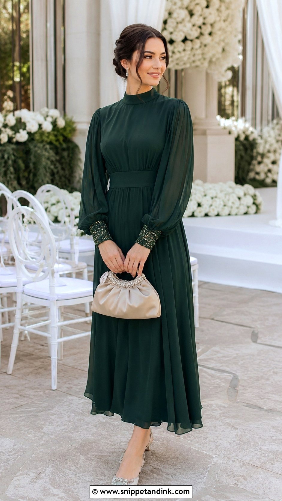 Modest Long Sleeve Wedding Guest Dress With Embellished Flats - Snippet and Ink - 20 Long Dresses for Wedding