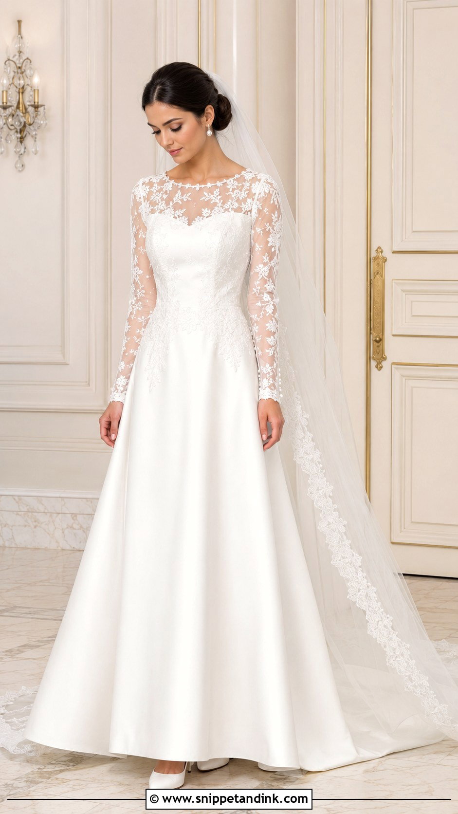 Modest Mesh Sleeve Satin Wedding Dress - Snippet and Ink - 20 Mesh Sleeve Wedding Dress Ideas