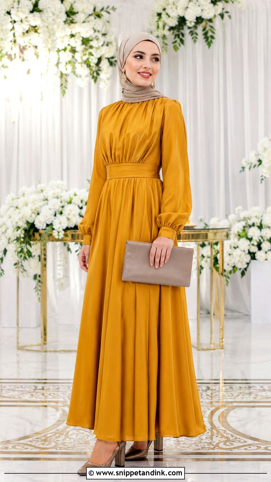 Modest Mustard Long Sleeve Maxi Dress With Bronze Heels - Snippet and Ink - 20 Mustard Dress Wedding Outfit Ideas