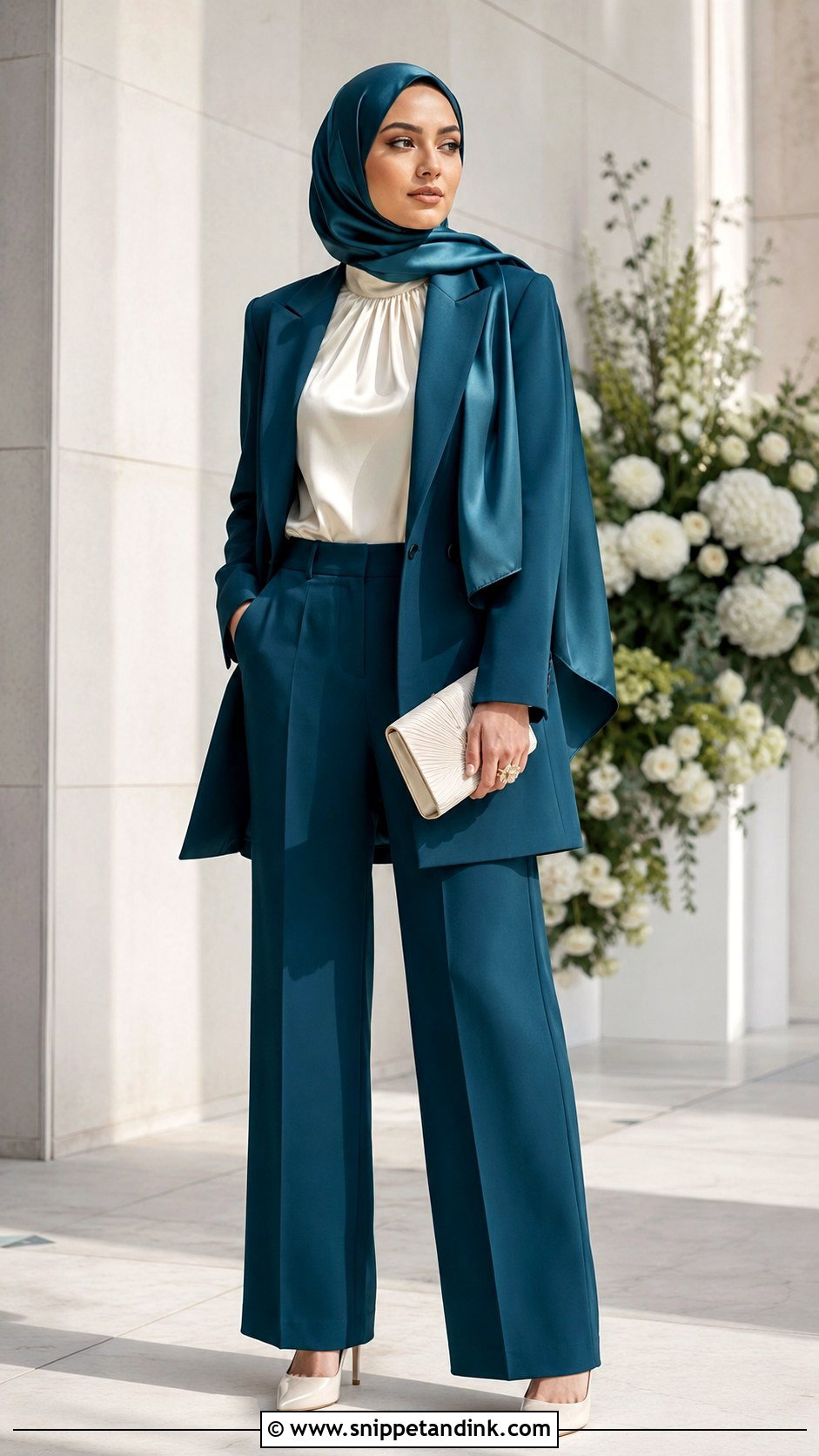 Modest Pantsuit And Silk Hijab Wedding Outfit - Snippet and Ink - 20 Hijab Outfit Wedding Ideas