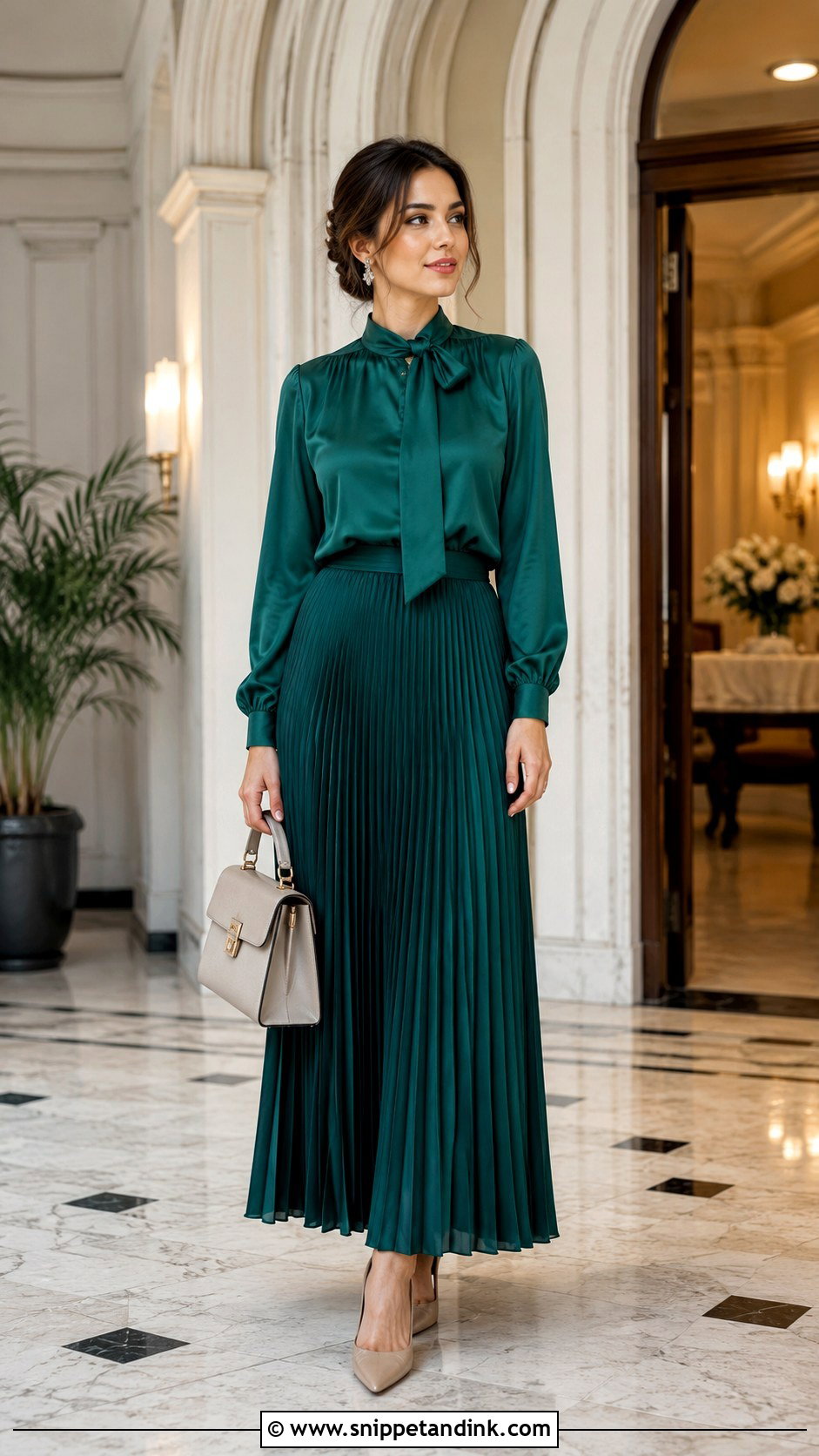 Modest Pleated Long Skirt With Long Sleeve Blouse - Snippet and Ink - 20 Long Skirt Outfits for Wedding