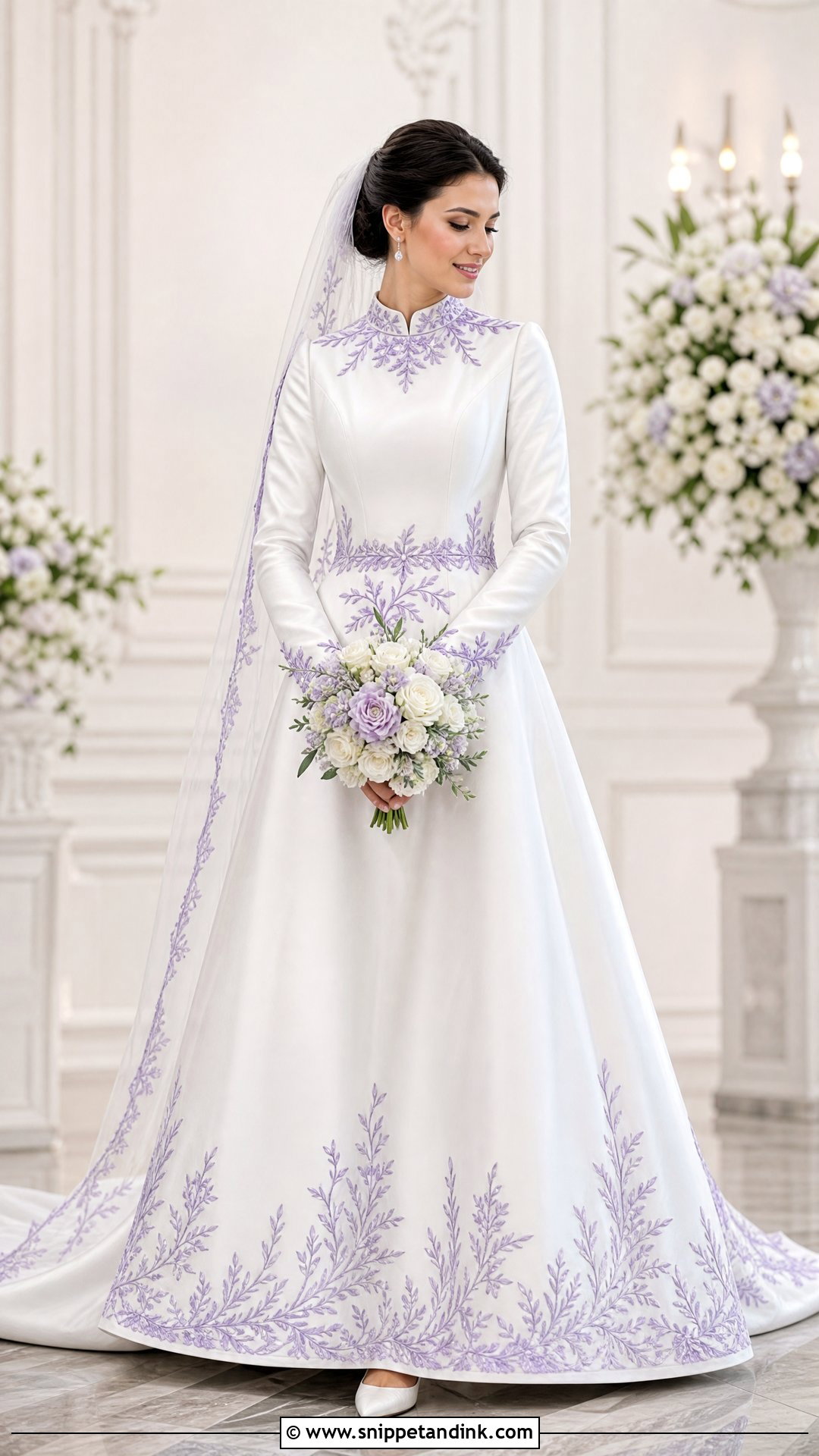 Modest Purple Embroidered White Wedding Dress - Snippet and Ink - 25 Purple and White Wedding Dress Ideas
