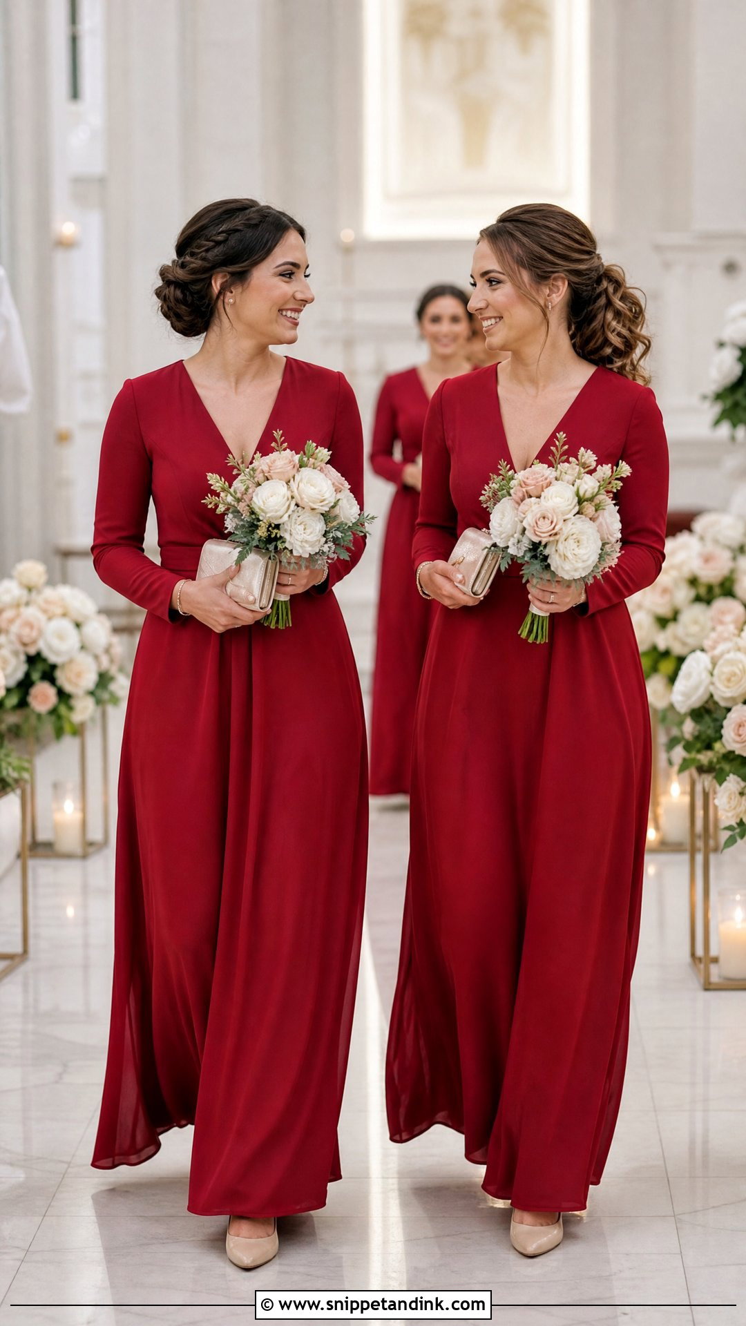 Modest Red Long Sleeve Bridal Party Dresses - Snippet and Ink - 20 Red Bridal Party Ideas