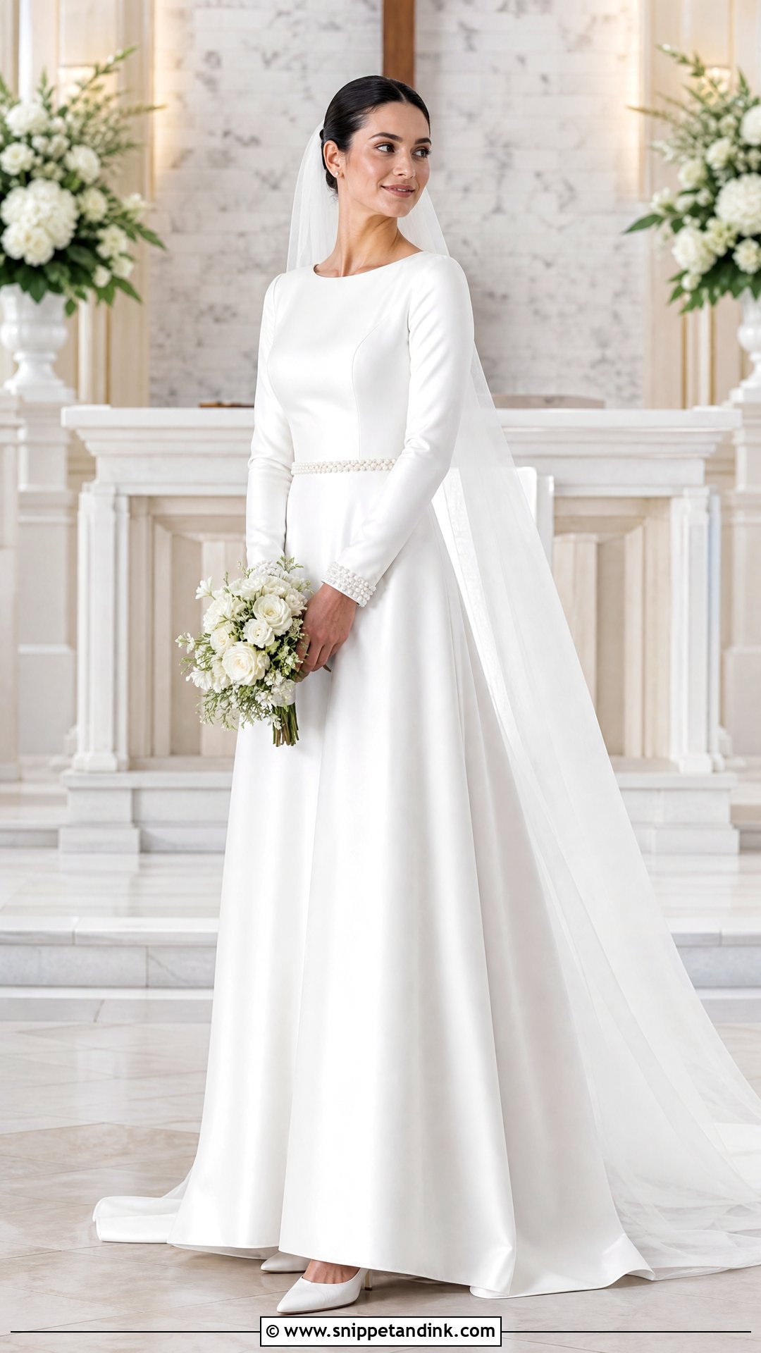 Modest Satin Wedding Dress With Pearl Details - Snippet and Ink - 20 Satin and Pearl Wedding Dress Ideas