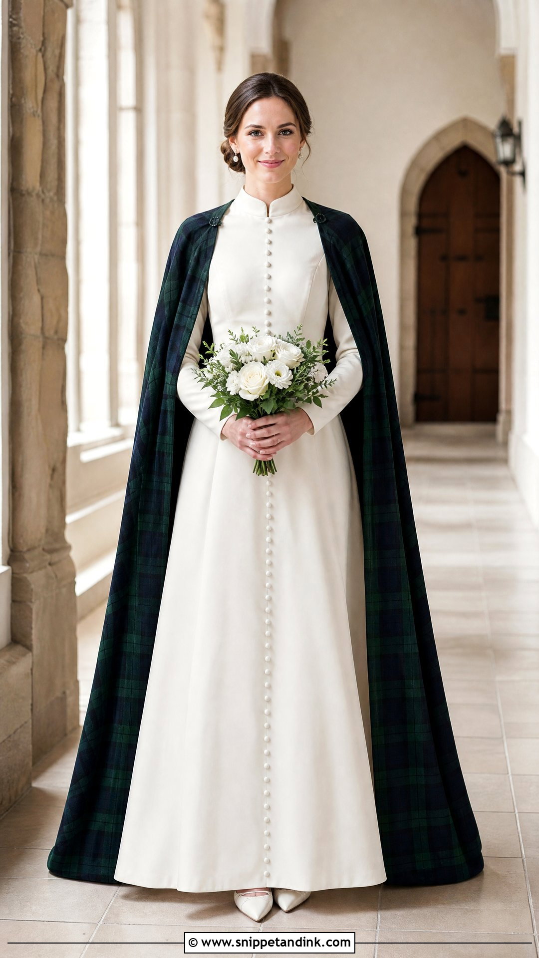 Modest Scottish Wedding Dress With Tartan Cape - Snippet and Ink - 20 Scottish Wedding Dresses