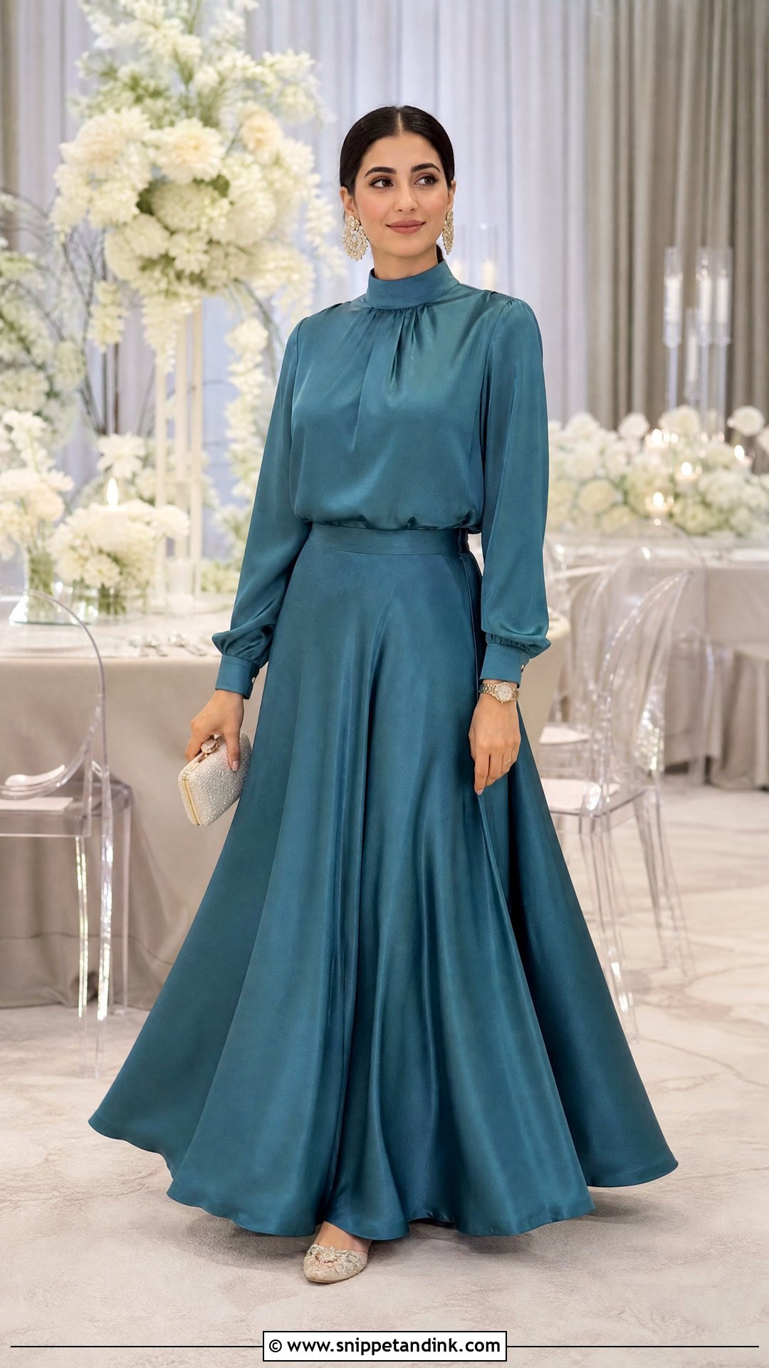 Modest Silk Maxi Skirt With Long Sleeve Top - Snippet and Ink - 20 Silk Skirt Wedding Outfit Ideas