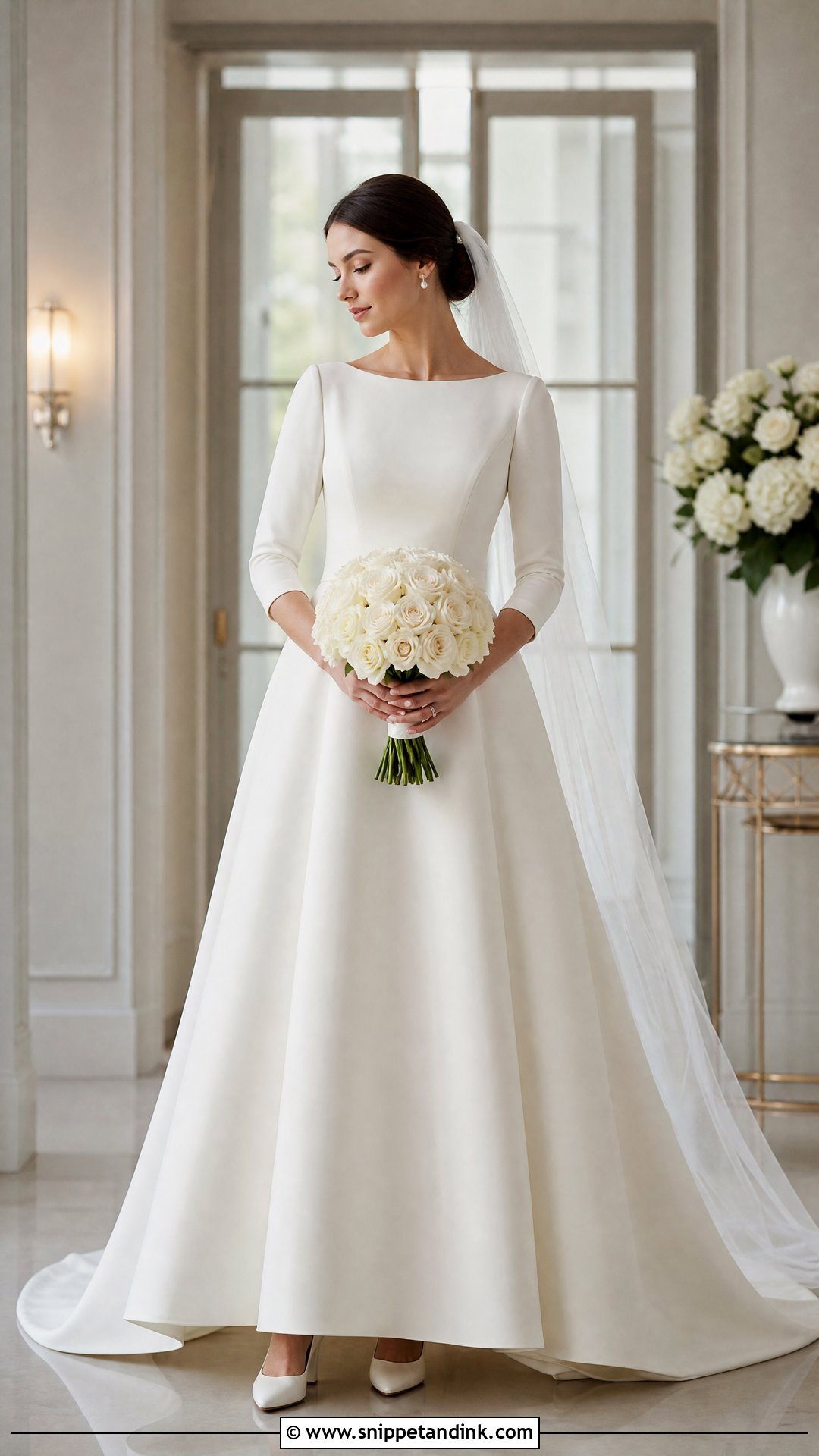 Modest Three Quarter Sleeve Sabrina Wedding Dress - Snippet and Ink - 20 Sabrina Wedding Dress Ideas