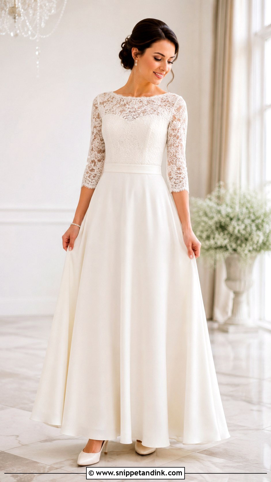 Modest Wedding Dress With Three Quarter Sleeves - Snippet and Ink - 25 Simple Modest Wedding Dresses