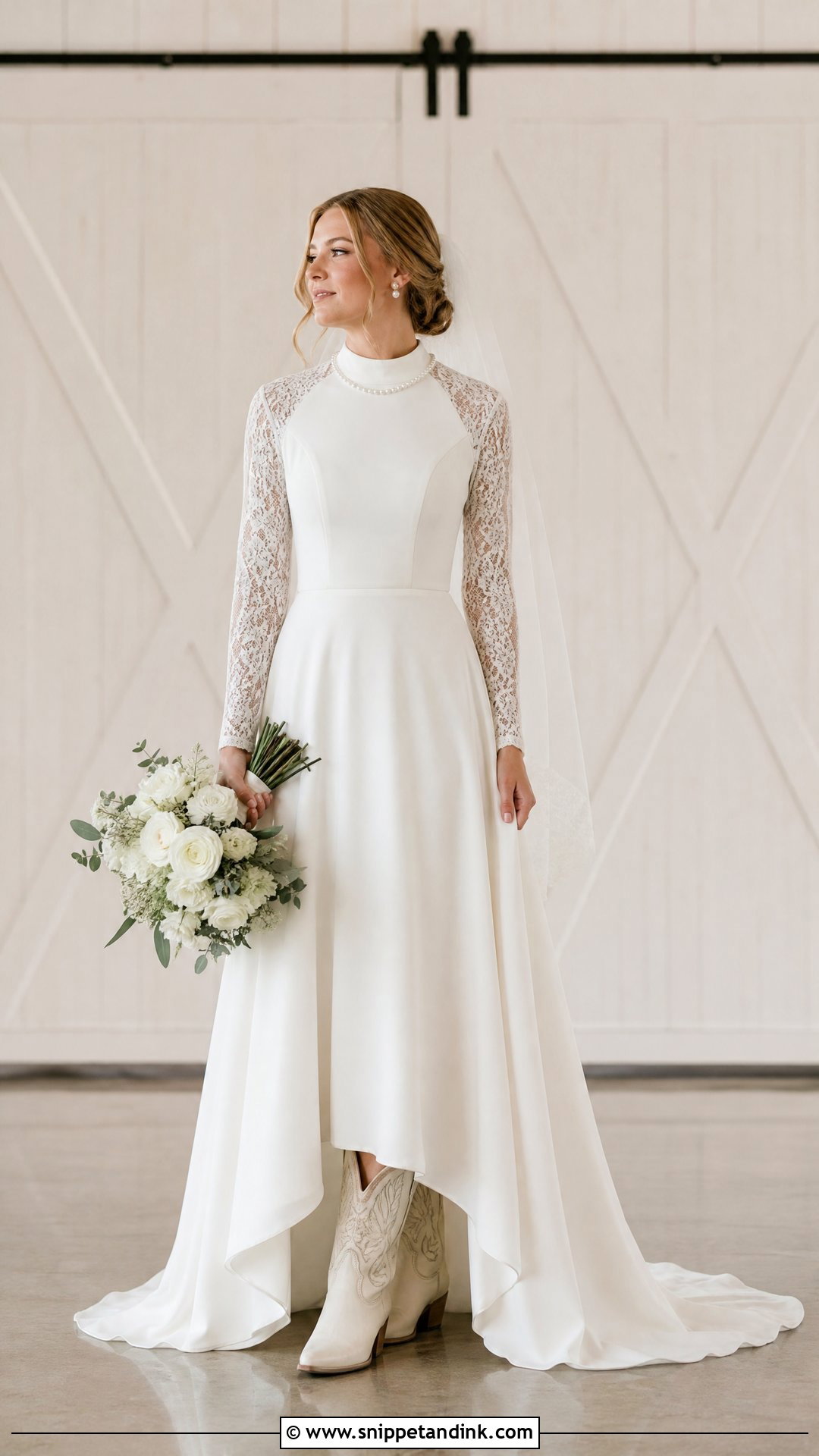 Modest Western Wedding Dress With Ivory Cowboy Boots - Snippet and Ink - 20 Western Wedding Dresses with Boots
