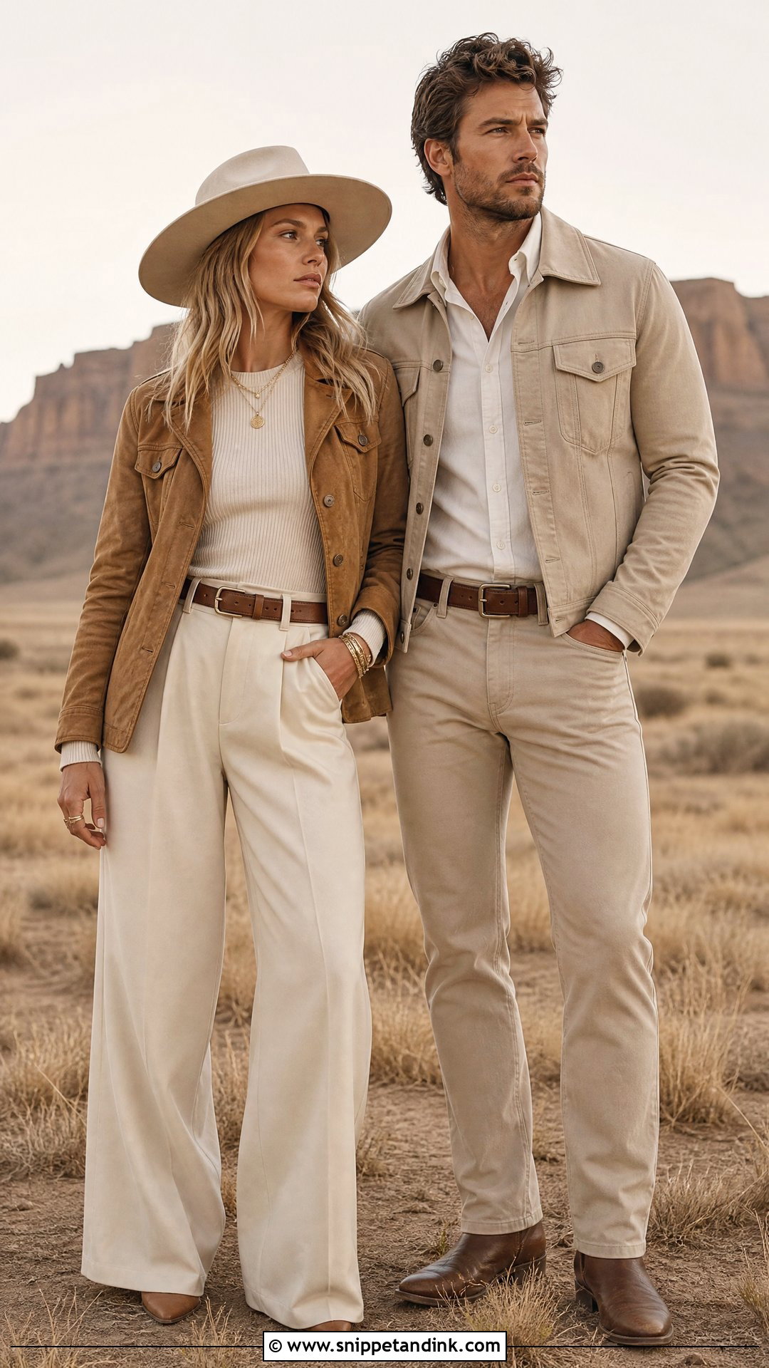 Monochrome Beige Western Couple Outfit - Snippet and Ink - 20 Western Pre Wedding Shoot Outfit Ideas
