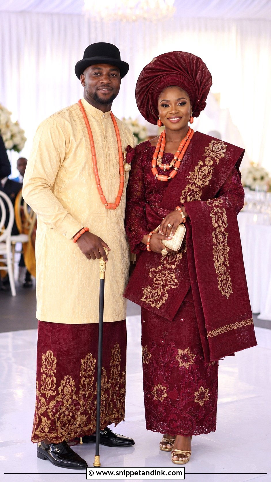 Monochrome Burgundy Isoko Couple Outfit - Snippet and Ink - 20 Isoko Traditional Wedding Attire Ideas