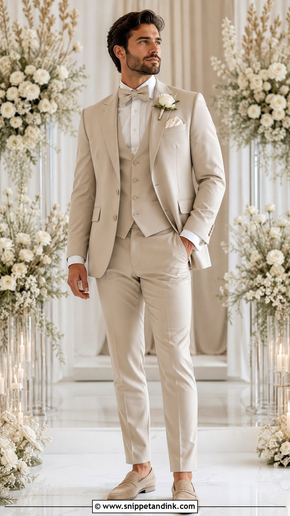 Monochrome Champagne Tuxedo With Tonal Accessories - Snippet and Ink - 20 Champagne Tuxedo Wedding Ideas