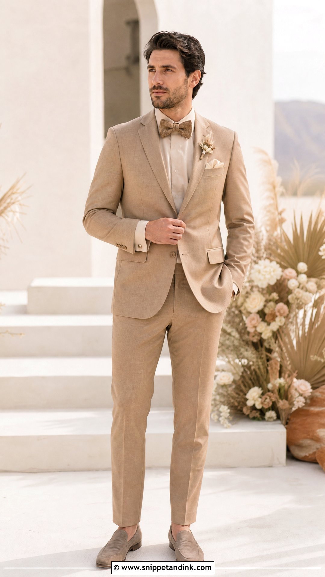 Monochrome Tan Tux With Neutral Loafers - Snippet and Ink - 20 Tan Tux Wedding Ideas